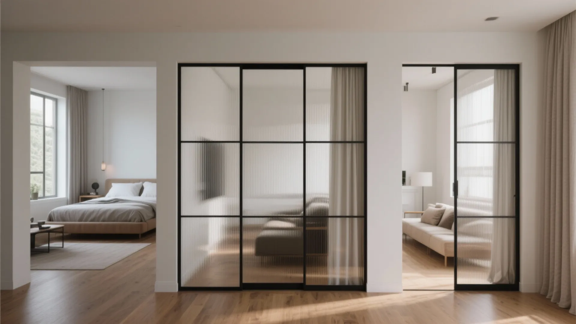 Modern interior with black framed glass sliding doors separating the living room from the bedroom