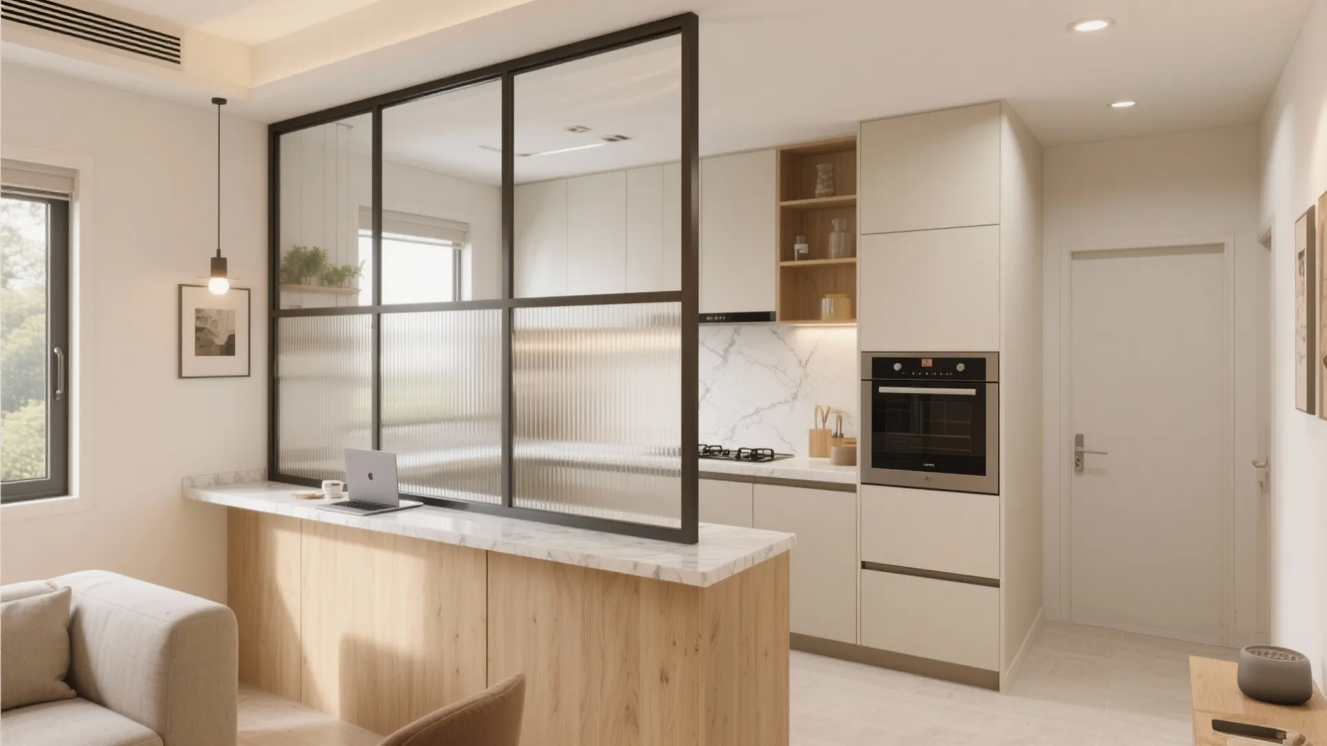 Modern kitchen featuring glass partition wall wooden cabinets marble counter built in oven and laptop