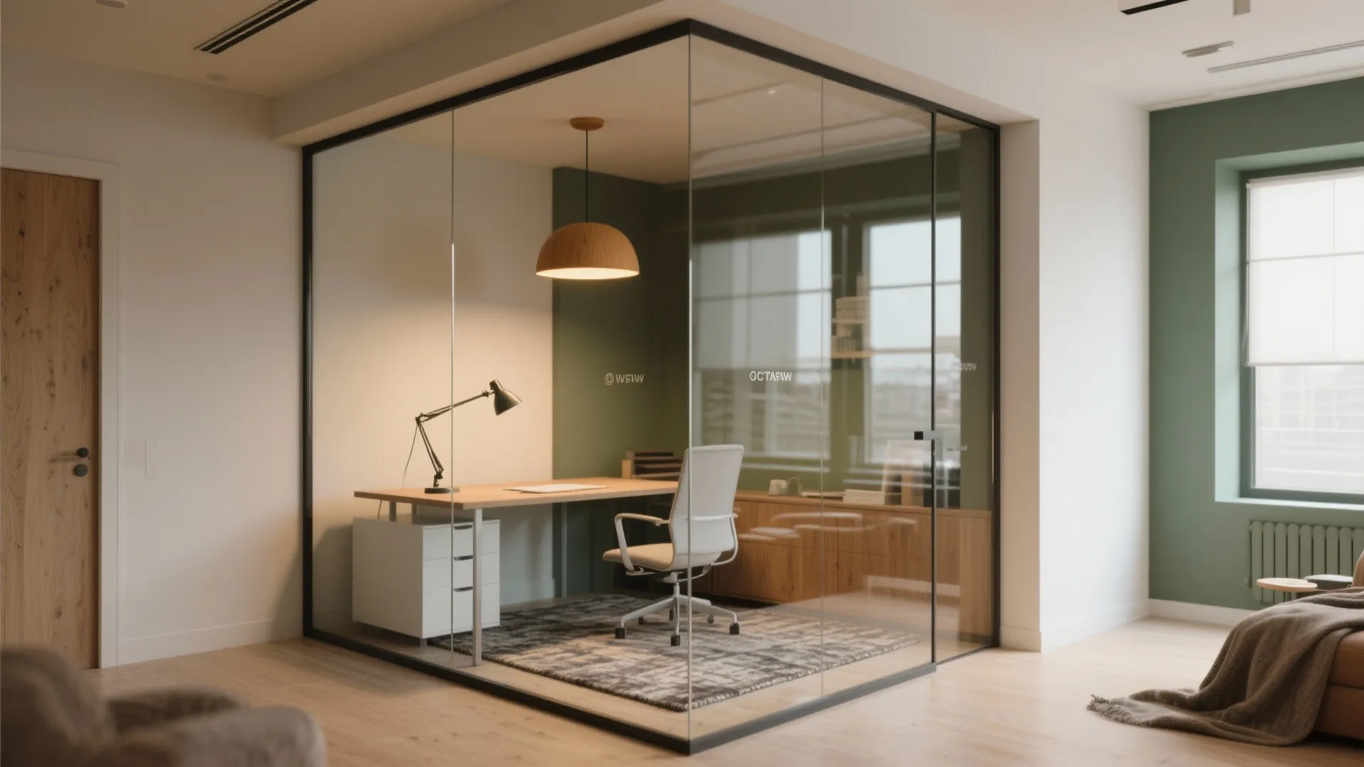 4. Glass Partition and Layered Lighting