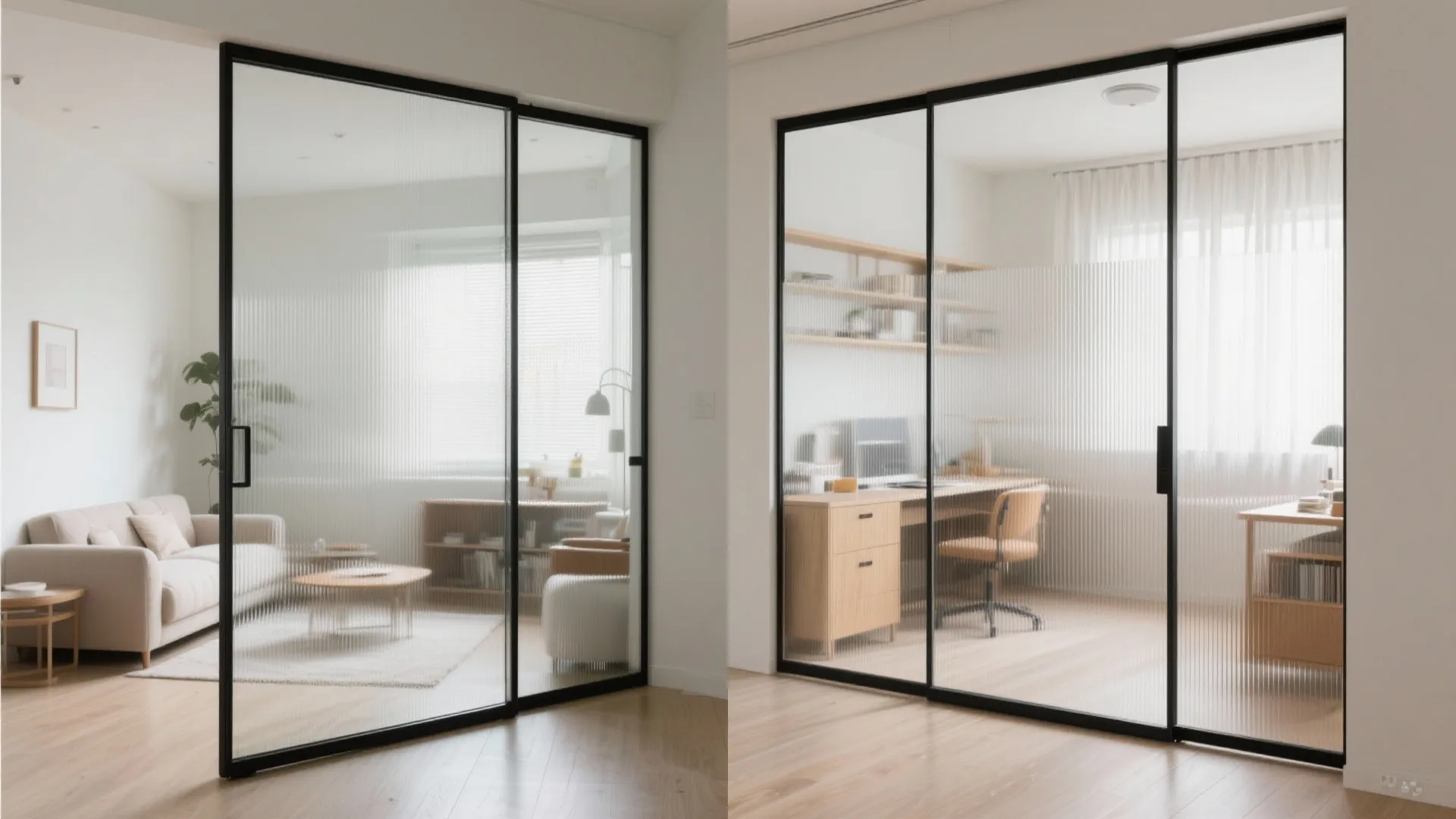 Modern living room and office divided by black frame glass sliding doors with ribbed texture