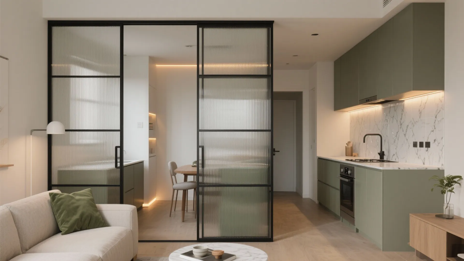 Glass partitions and backsplash to open up light and sightlines