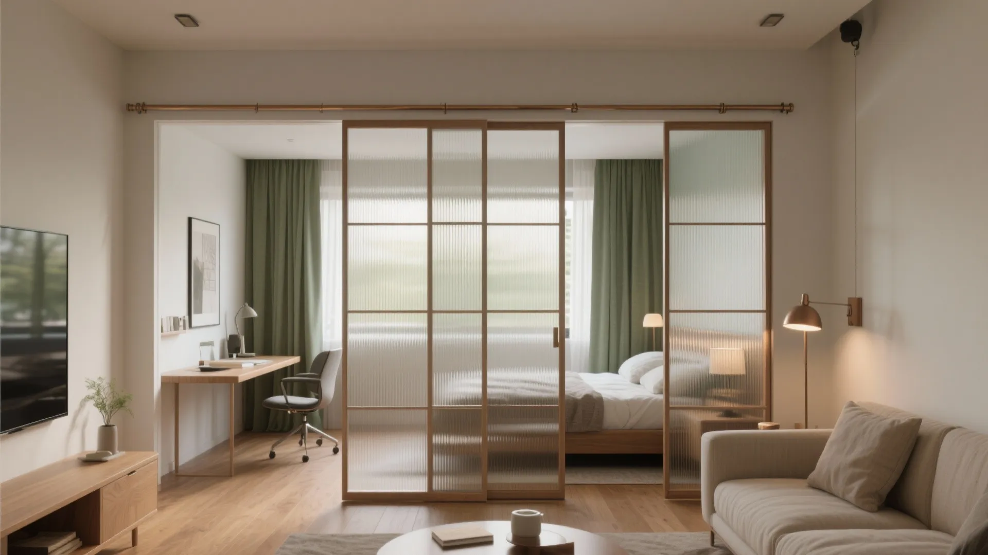 2) Sliding glass partitions to flex a guest room into a home office