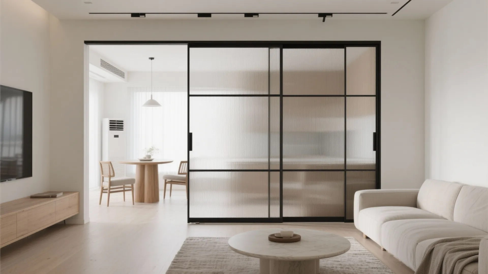 Sliding Glass Partition for a Flexible Living–Dining