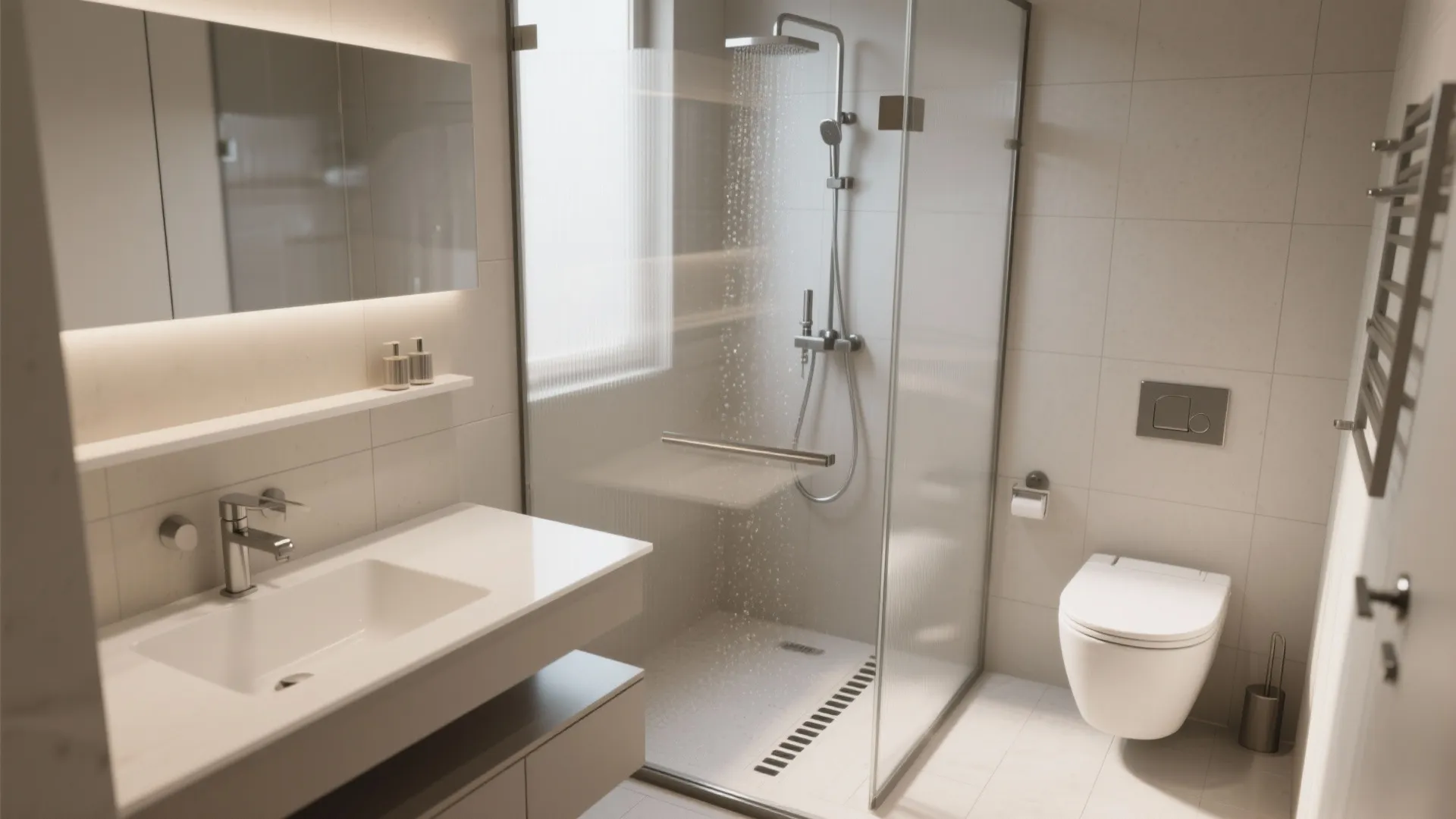 Modern bathroom interior design drawing showing glass shower wall white toilet and white sink counter