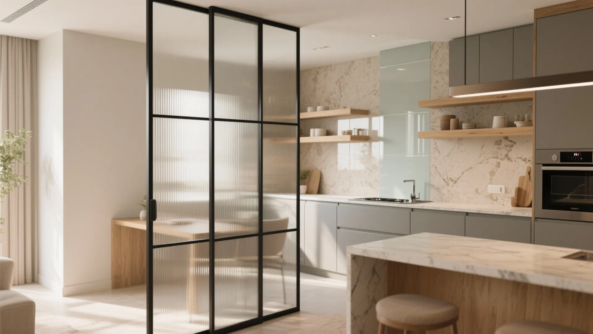 Glass Partitions and a Reflective Backsplash to Spread Light