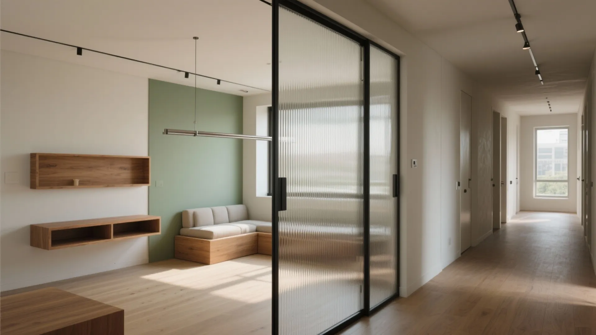 Interior room view with glass sliding door wooden wall shelves small sofa and long hallway