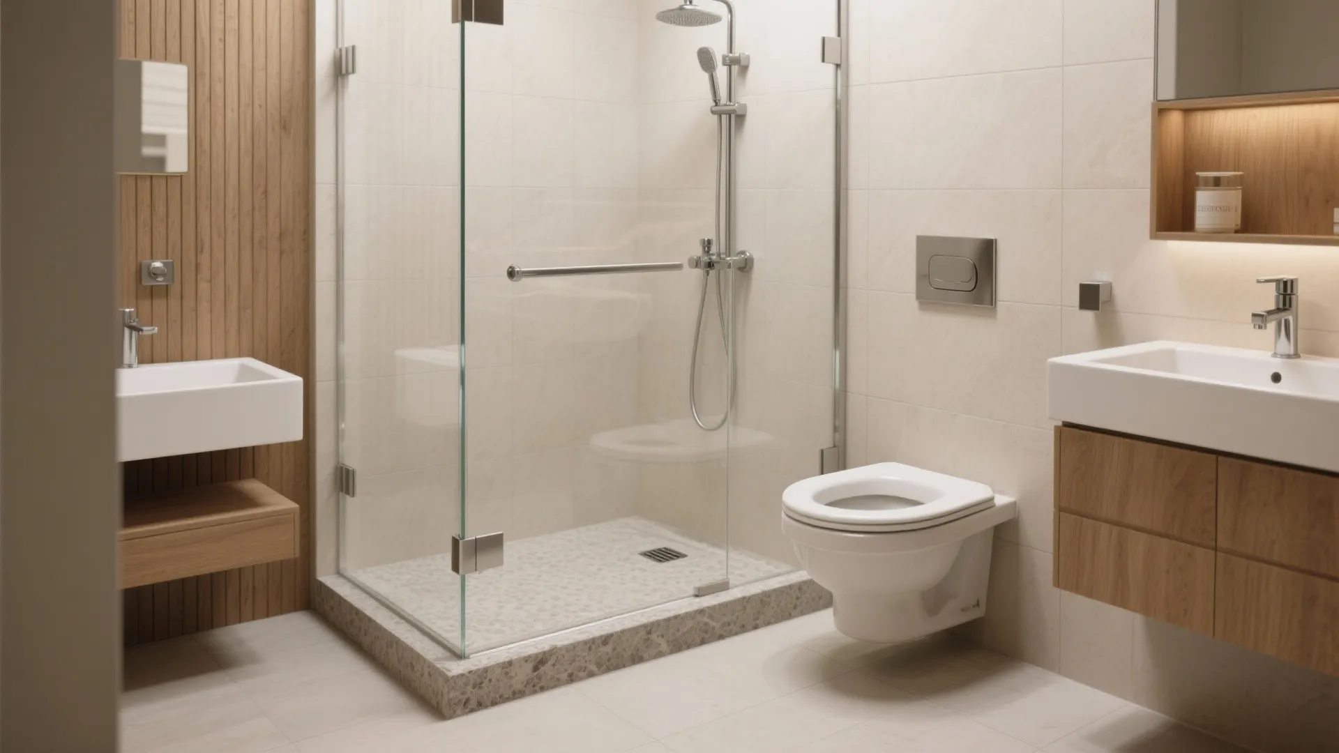 Glass partition and low curb for wet-dry separation