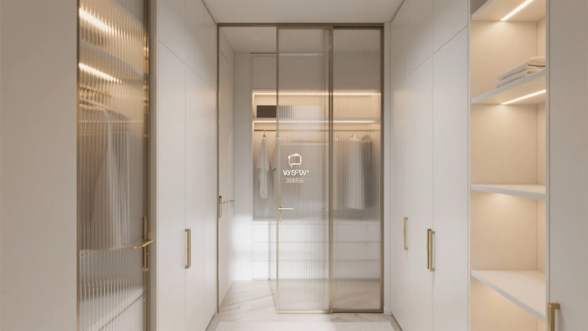 Modern walk in closet with white cabinets and ribbed glass sliding doors in a bright hallway