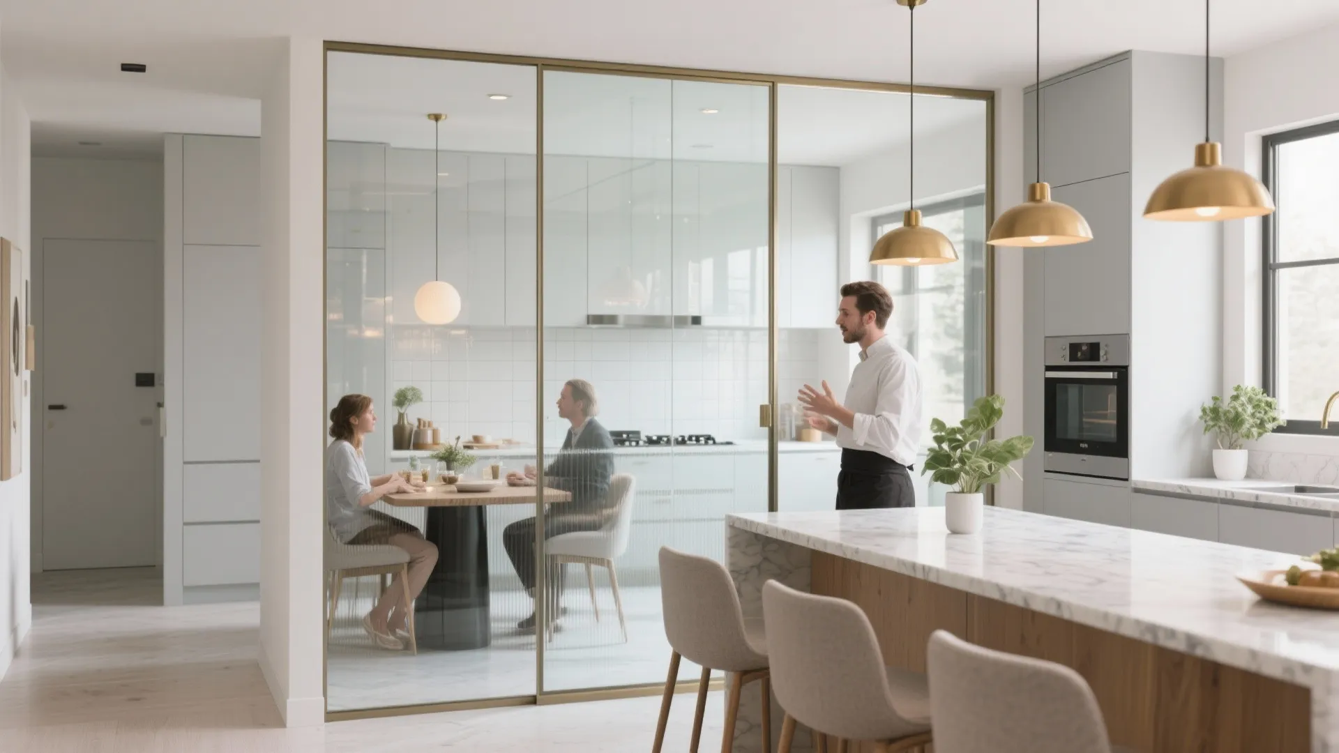 Glass backsplash and partial glass partition for airy openness