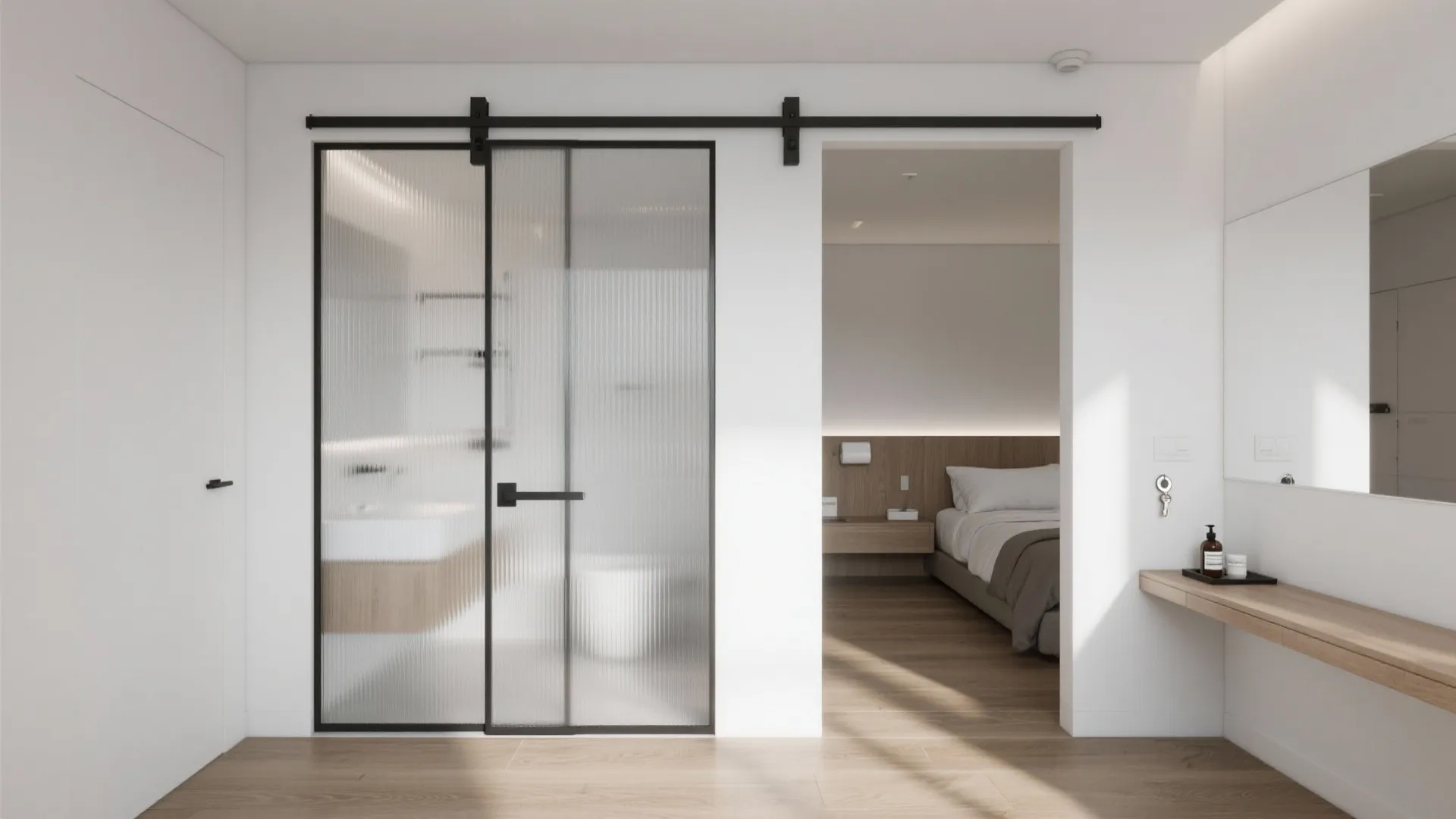 Modern bathroom with sliding glass door showing a clear view into the wooden floor bedroom