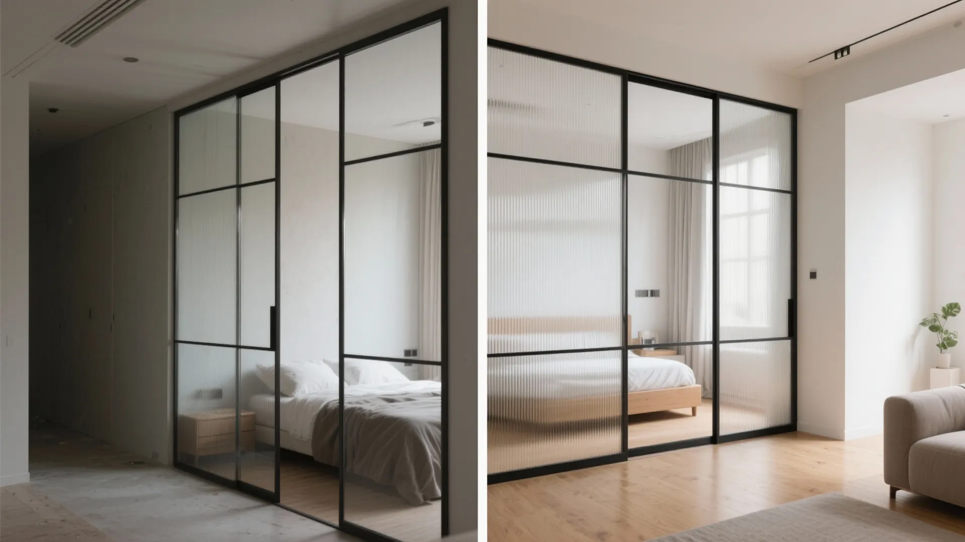 Modern bedroom with black metal frame glass sliding door partition on a light wood floor