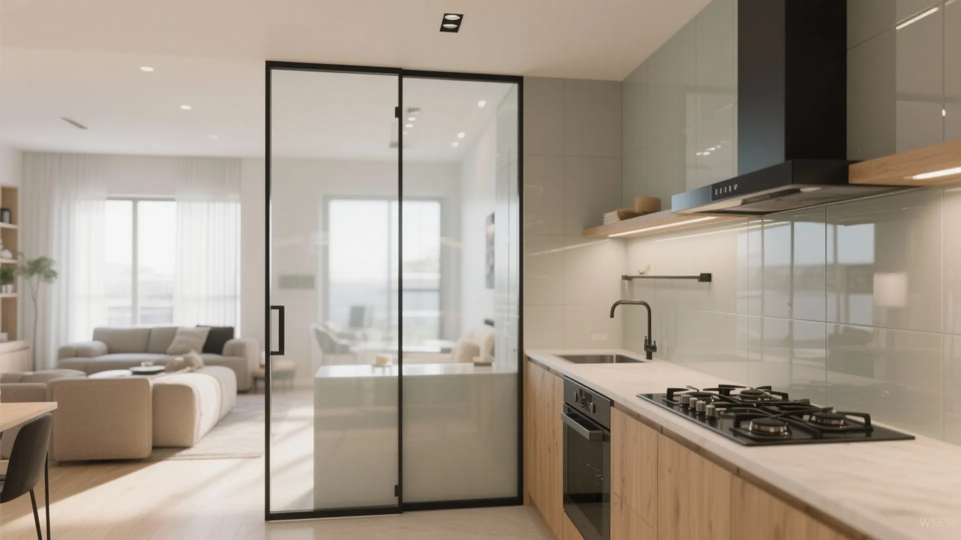 Glass backsplash and partitions for airiness