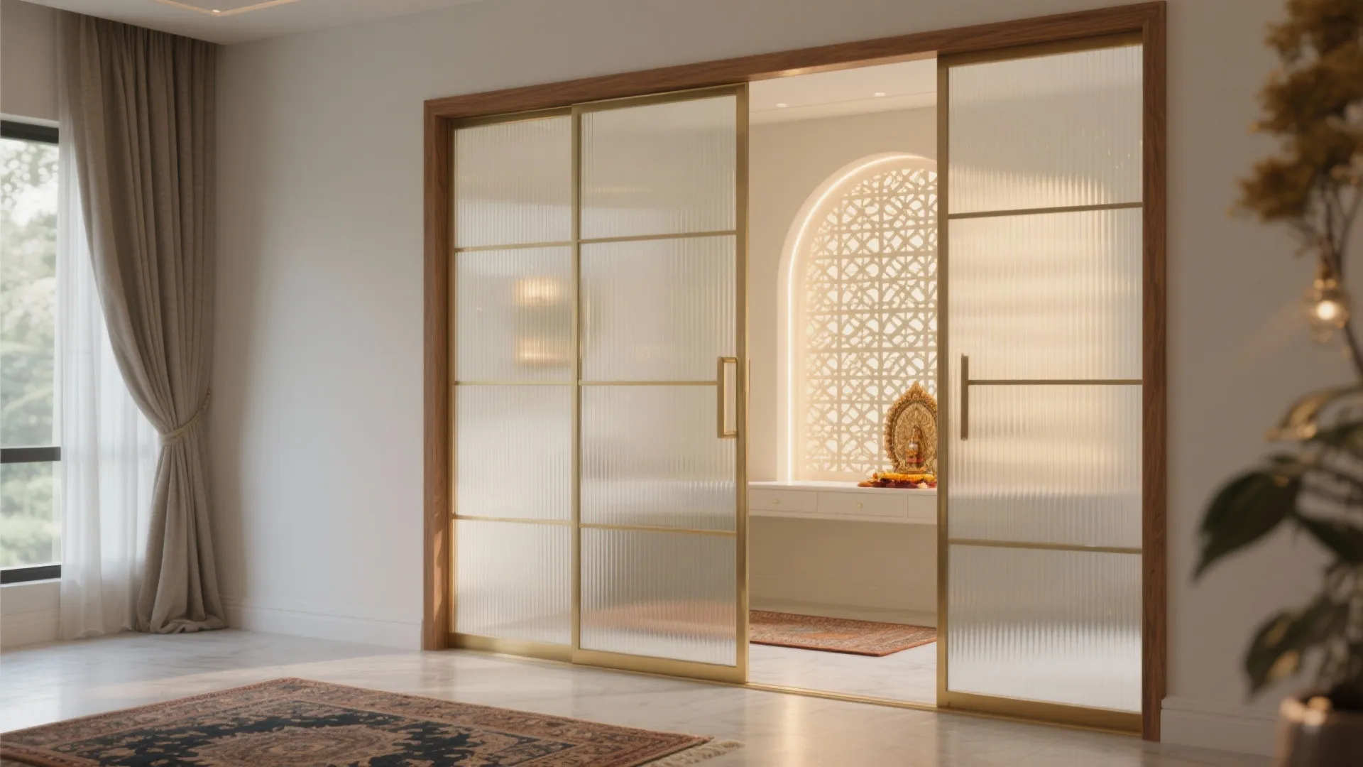 Modern sliding glass doors with gold frames leading to a bright prayer room with warm lighting