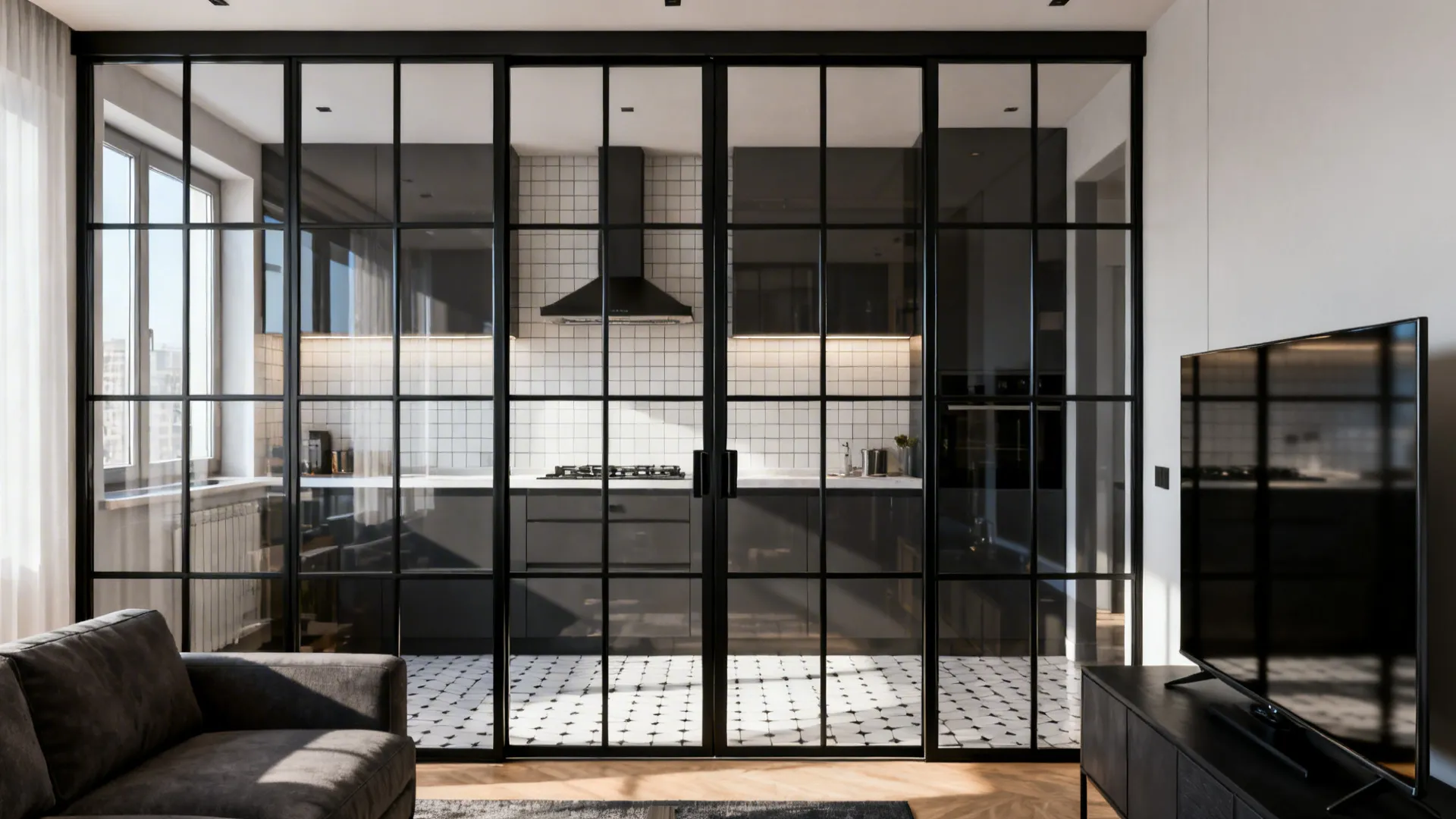 3. Glass partition or sliding doors