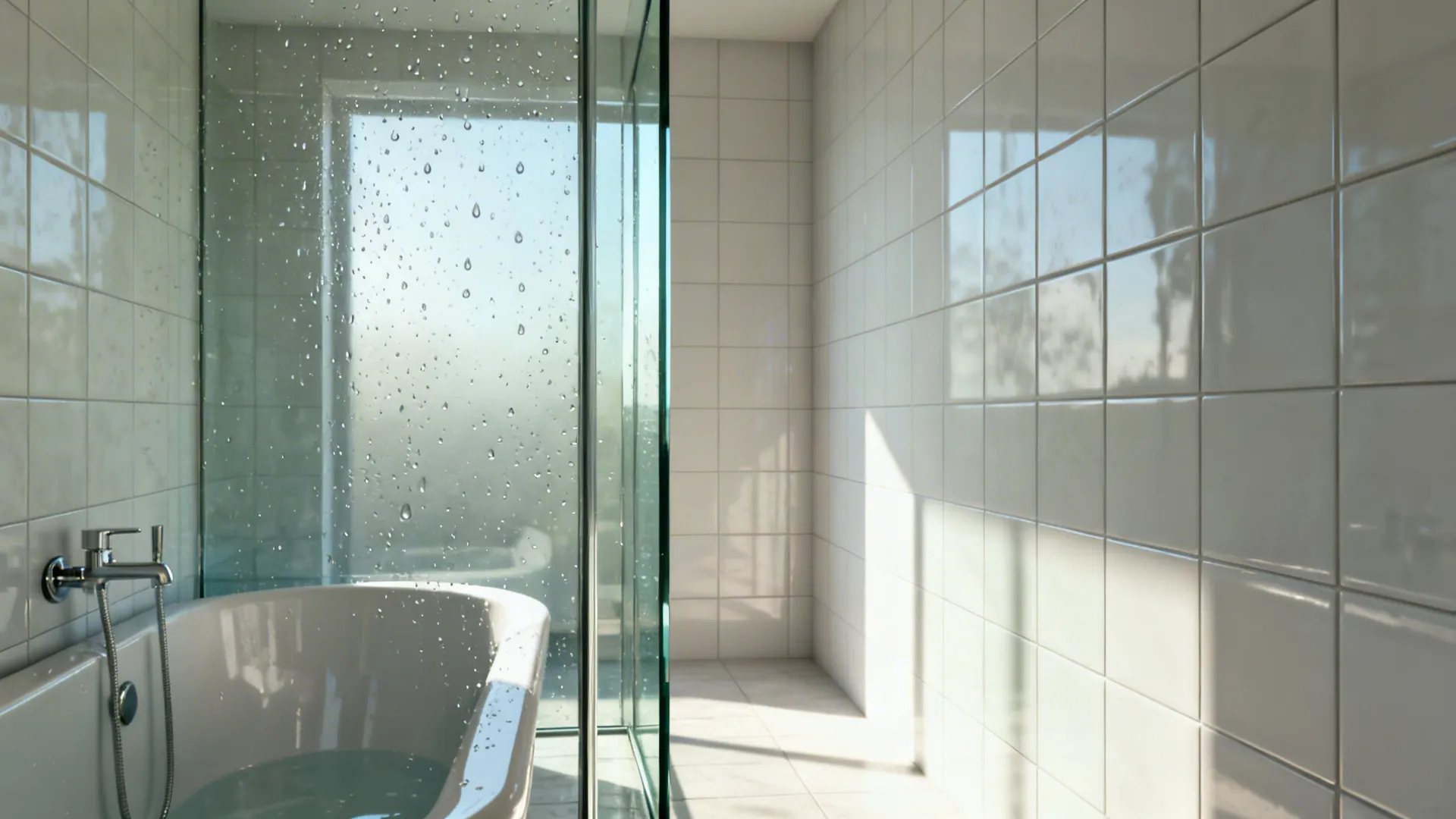 Small bathroom with a clear frameless glass partition beside the tub, making the room feel larger.
