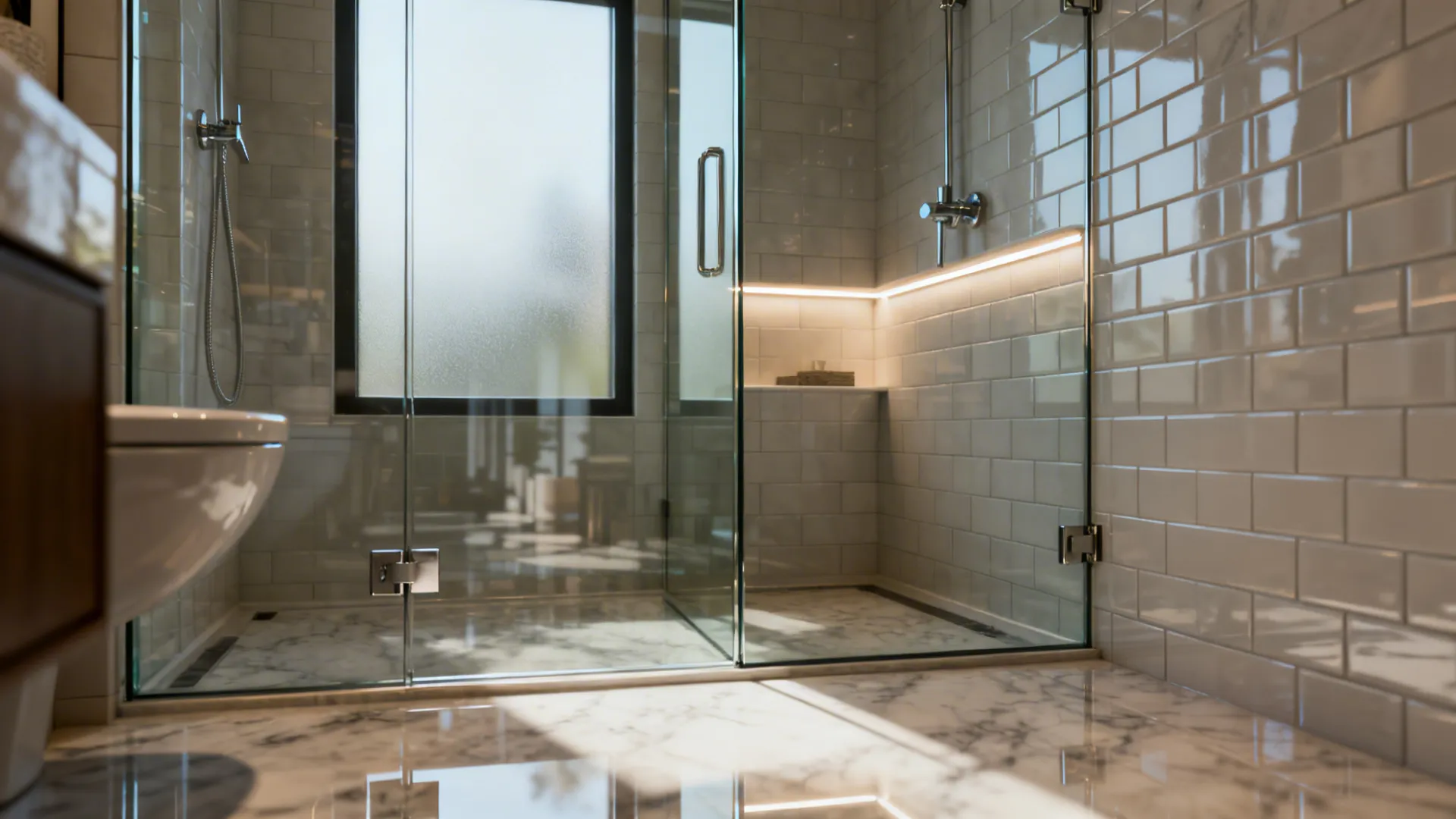 Small bathroom with a slim frameless glass shower partition and illuminated niche.