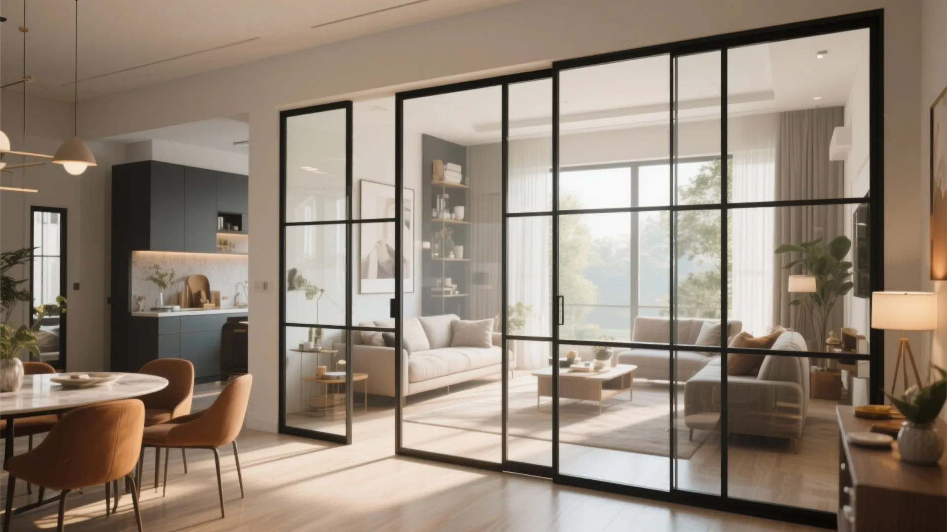 Modern living room with black frame glass sliding doors and white sofa under soft warm lights