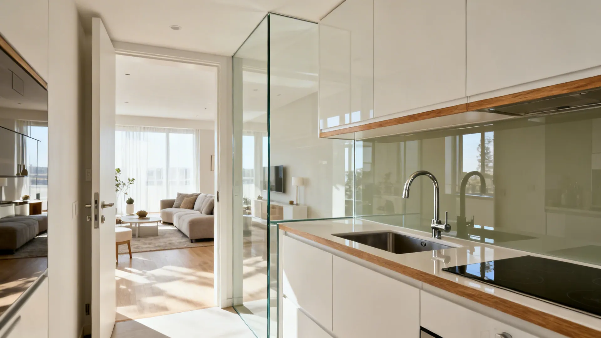 2) Glass Partition or Back-Painted Glass Backsplash to Enhance Flow