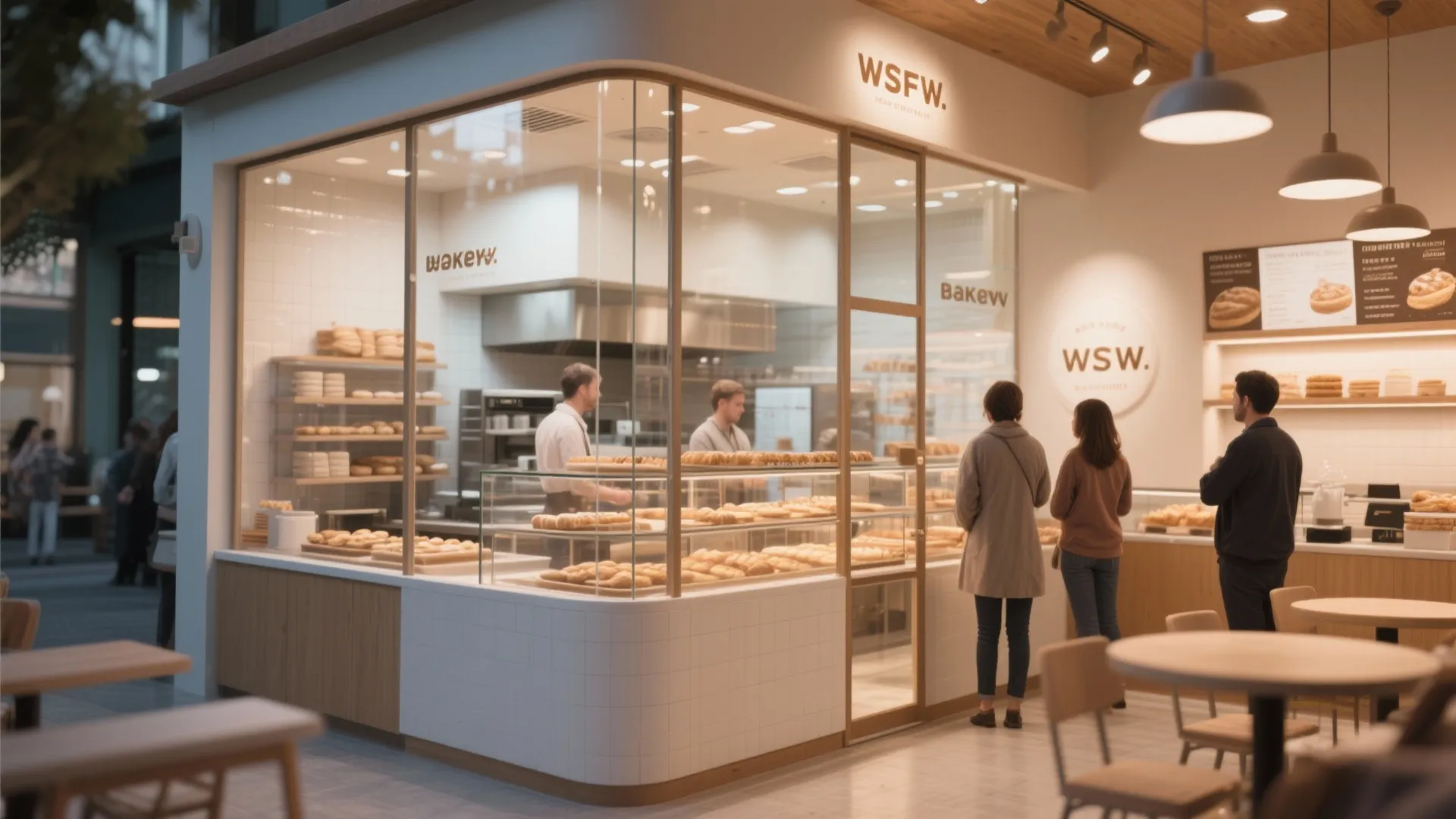 Modern bakery interior with glass display cases showing bread and customers waiting in the shop