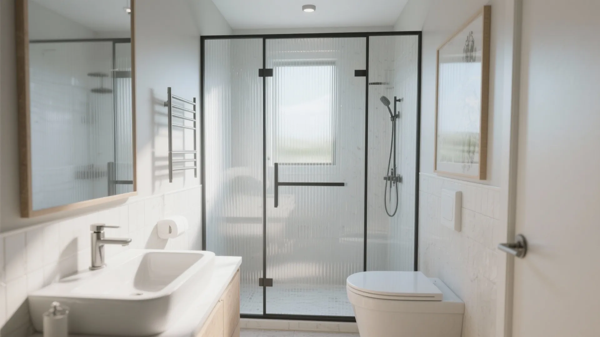 Modern bathroom with white tiles, wood vanity, toilet, and fluted glass shower screen with door