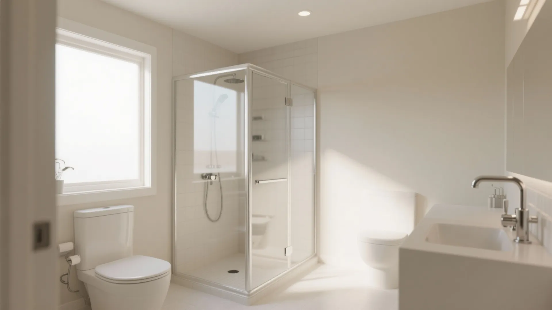 Bright minimalist bathroom with glass shower enclosure next to a toilet and white sink vanity