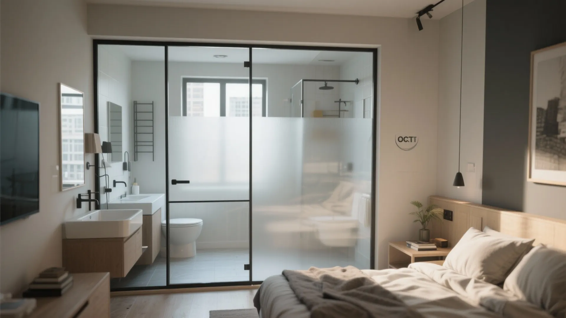 Minimalist bedroom layout featuring a black frame glass wall separating the sleeping area and bathroom