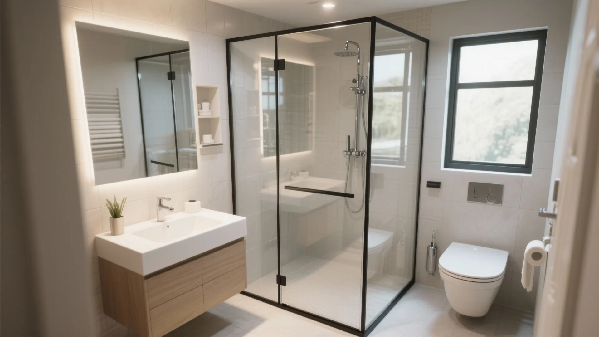 Bright bathroom with glass shower enclosure, wooden sink cabinet, white toilet, and black framed windows