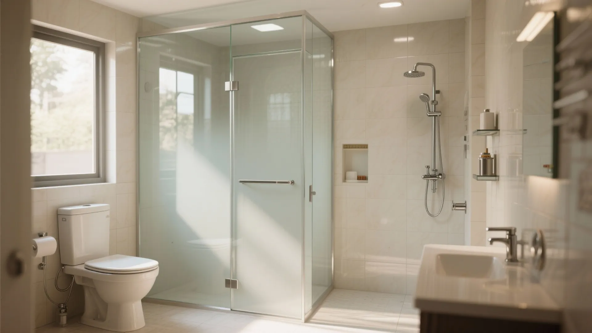 Bright bathroom with glass shower enclosure white toilet sink and large window letting natural light