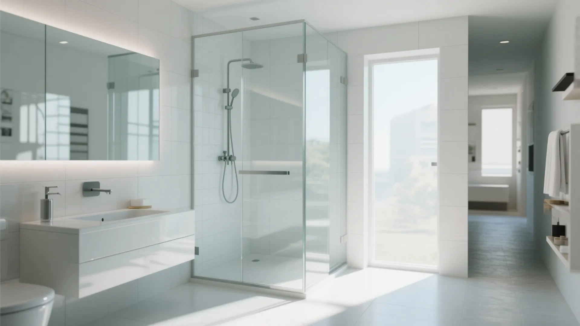 Bright minimalist bathroom with glass shower cabin white sink cabinet and natural light from window