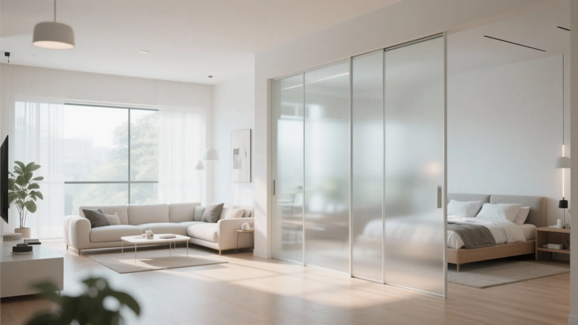 Modern living room with frosted glass partition and bed zone