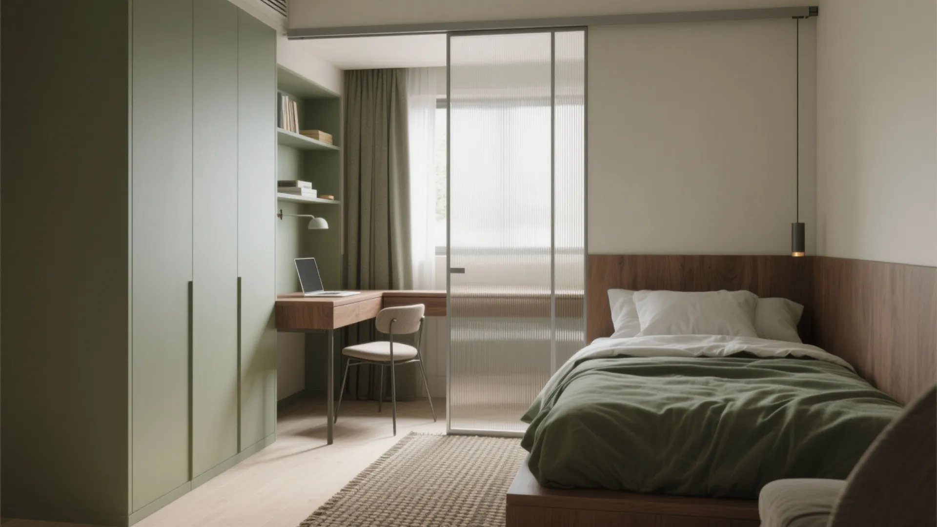 Small studio bedroom with frosted reeded glass sliding partition defining a calm study nook beside the bed.