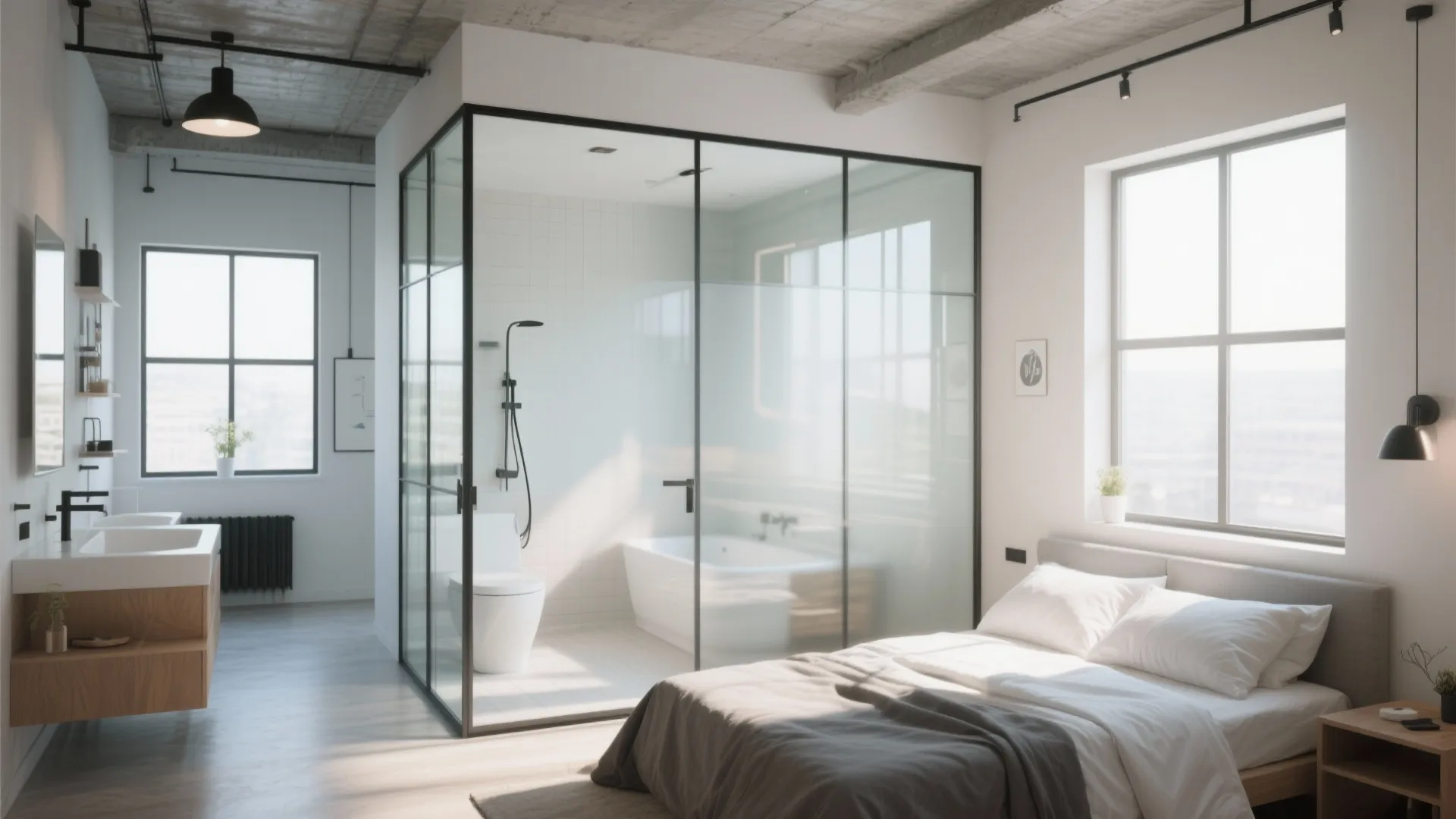 Modern bedroom featuring a glass walled bathroom with a white bathtub, toilet, and ceiling light