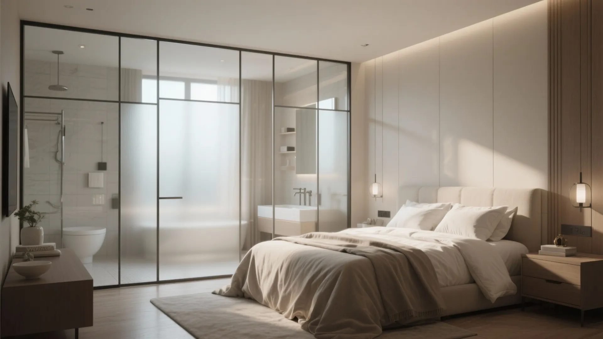 Modern bedroom with beige bedding and glass wall separating bathroom with white sink and shower