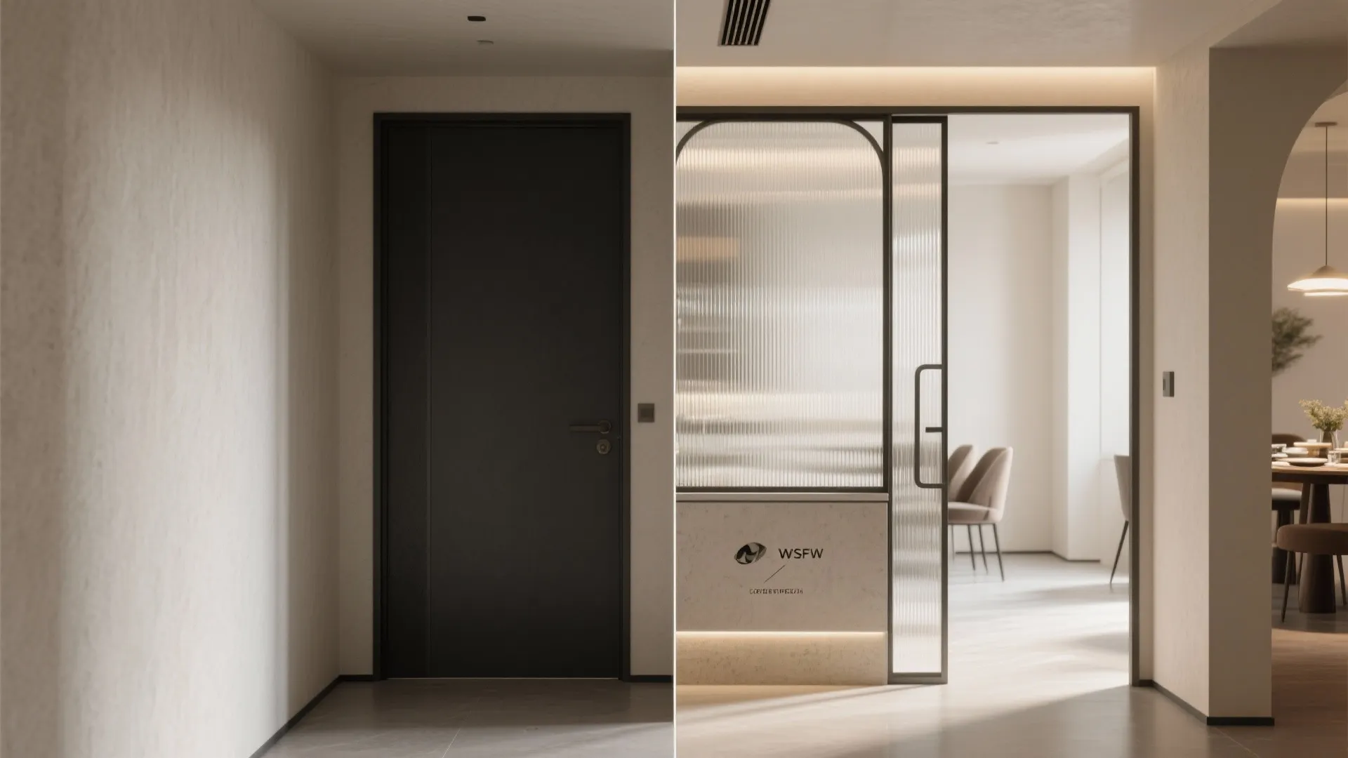 Before and after comparison of solid black door replaced by modern glass partition in hallway