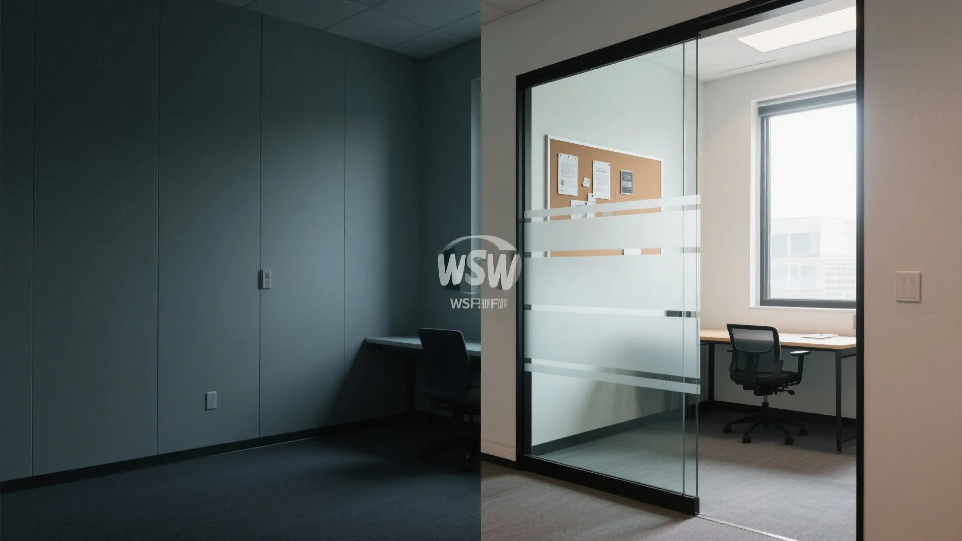 2) Glass partitions for brightness with privacy bands