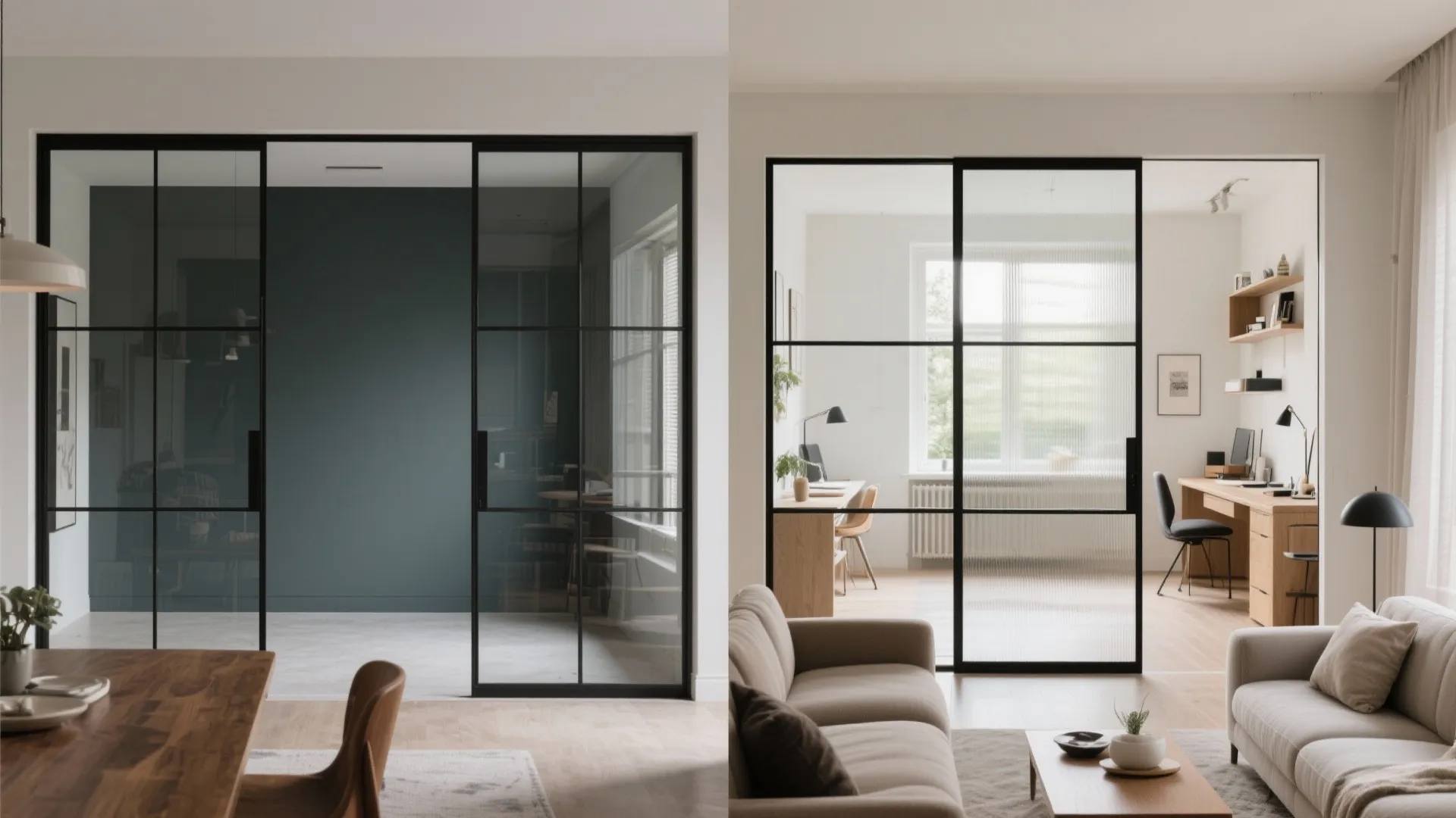Comparison of a dark room with glass door and a bright living room with glass