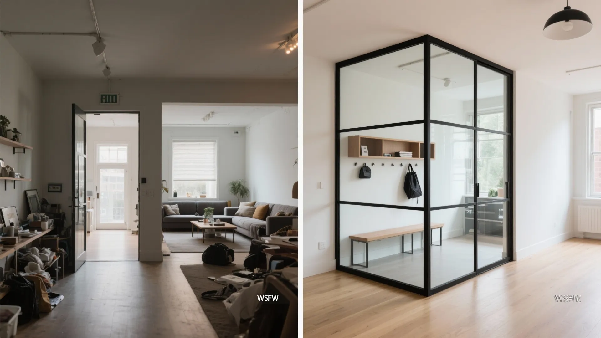 Before and after showing a main hall improved with a framed glass partition to define the entry.