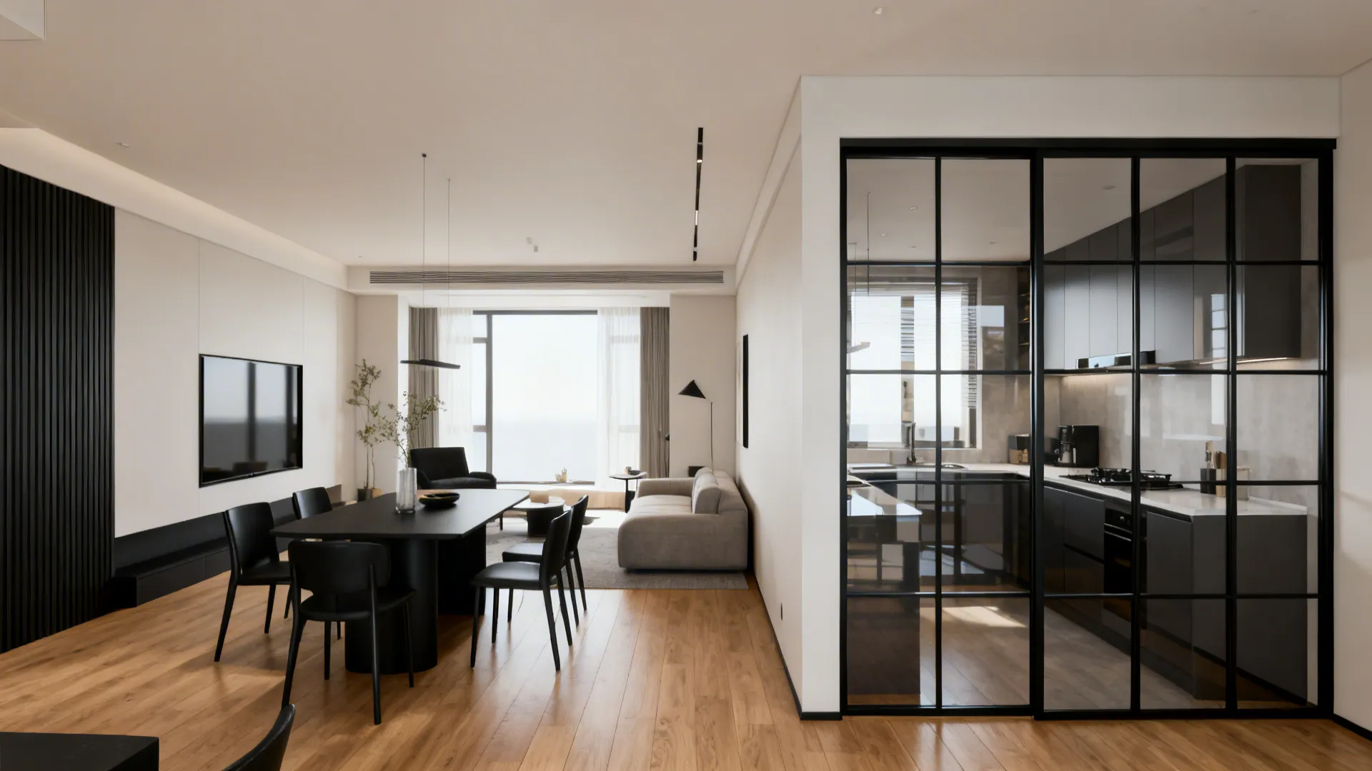 Open-plan room versus closed sliding glass panels showing flexible zoning.