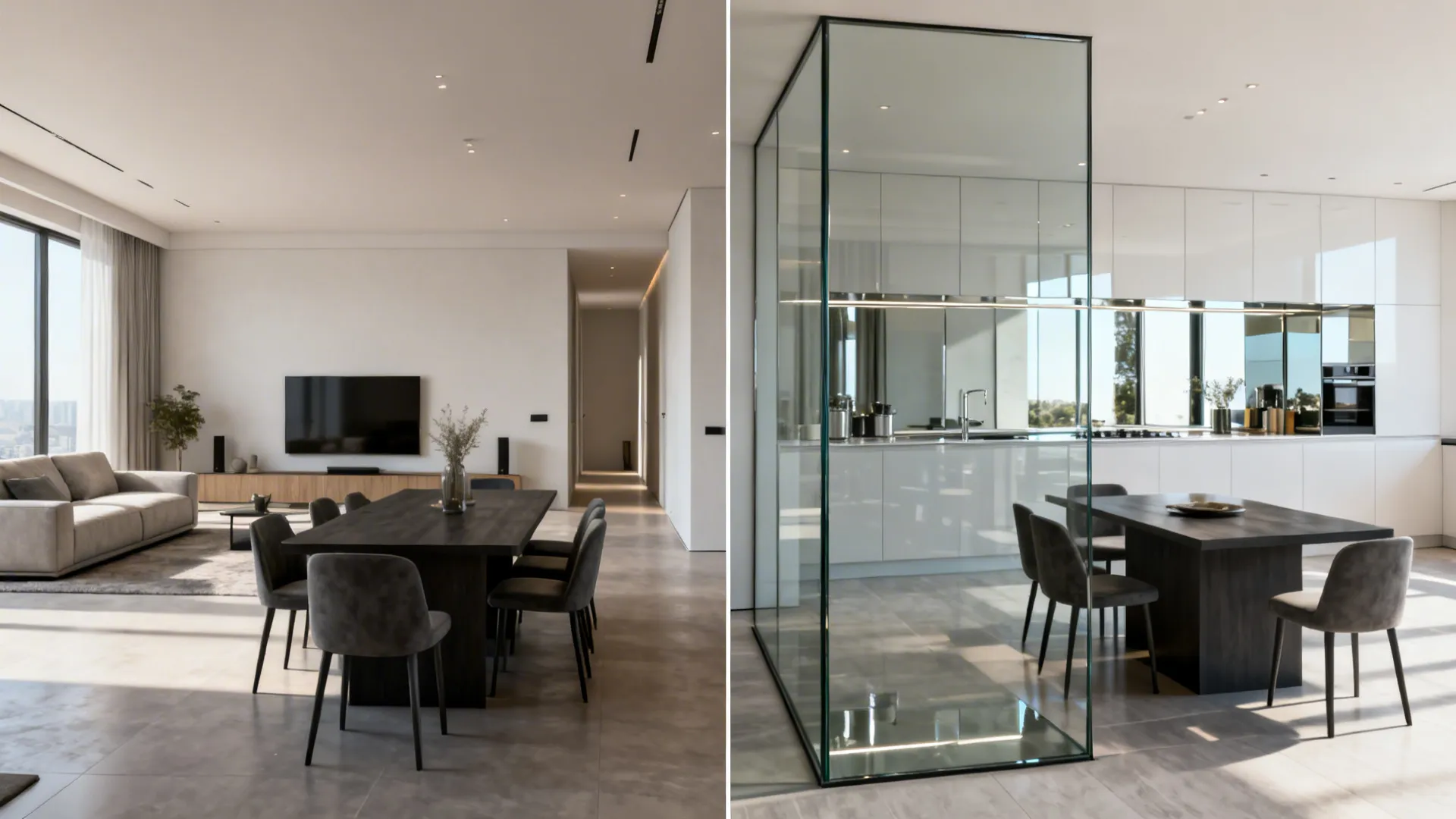 Split view showing a small living-dining room before and after adding a glass divider and reflective backdrop.