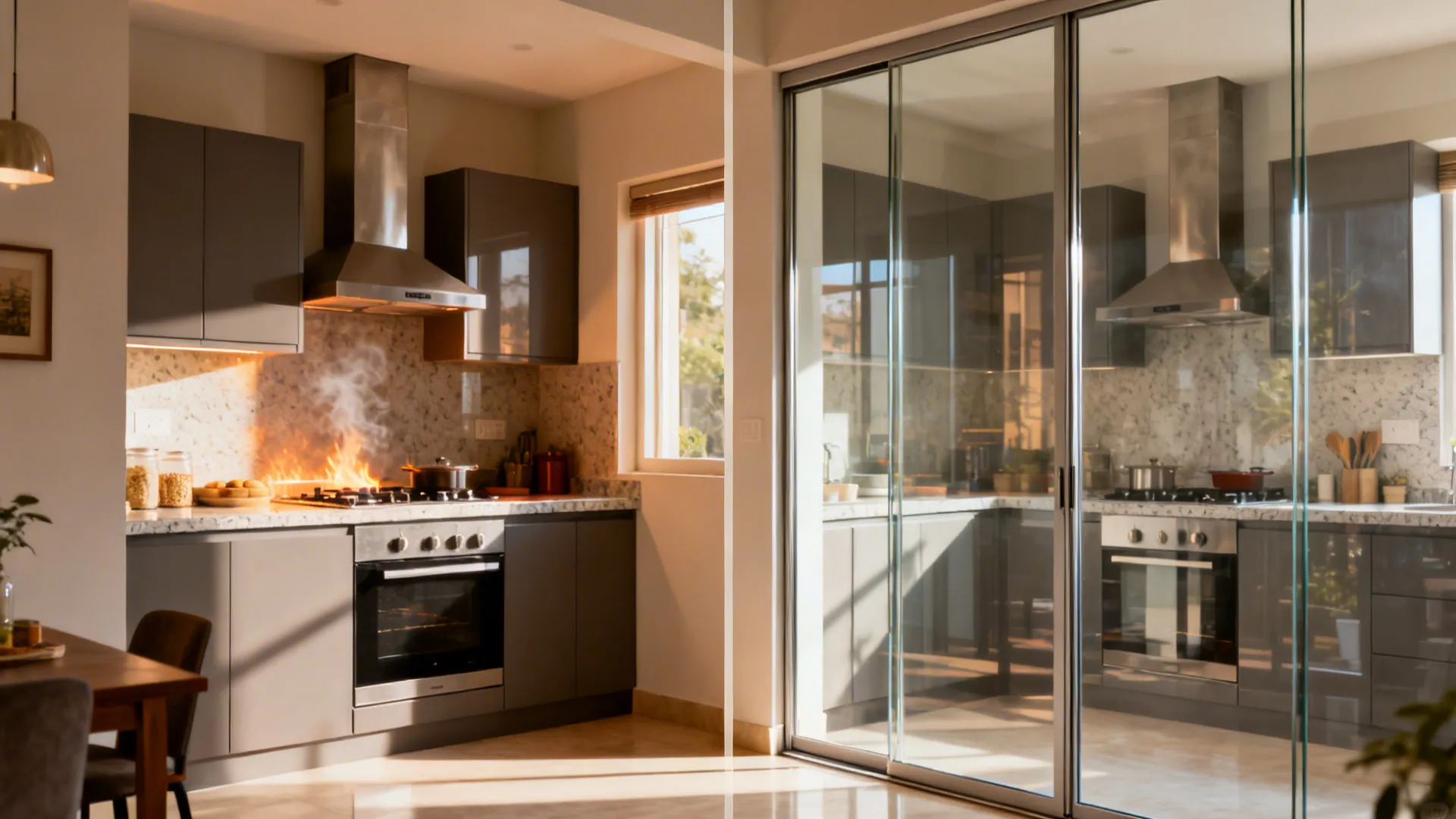 Before-and-after split showing a small kitchen upgraded with a glass sliding partition.