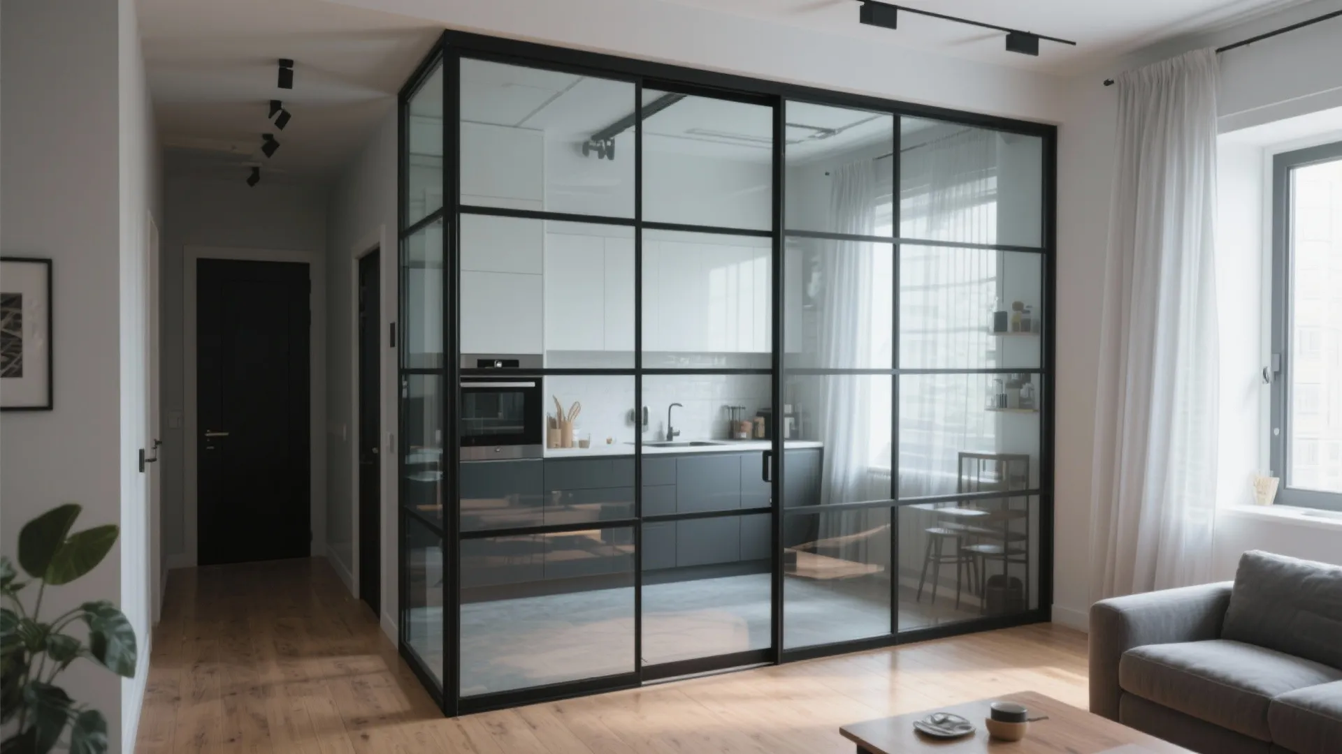 3. Glass partition with black metal frame