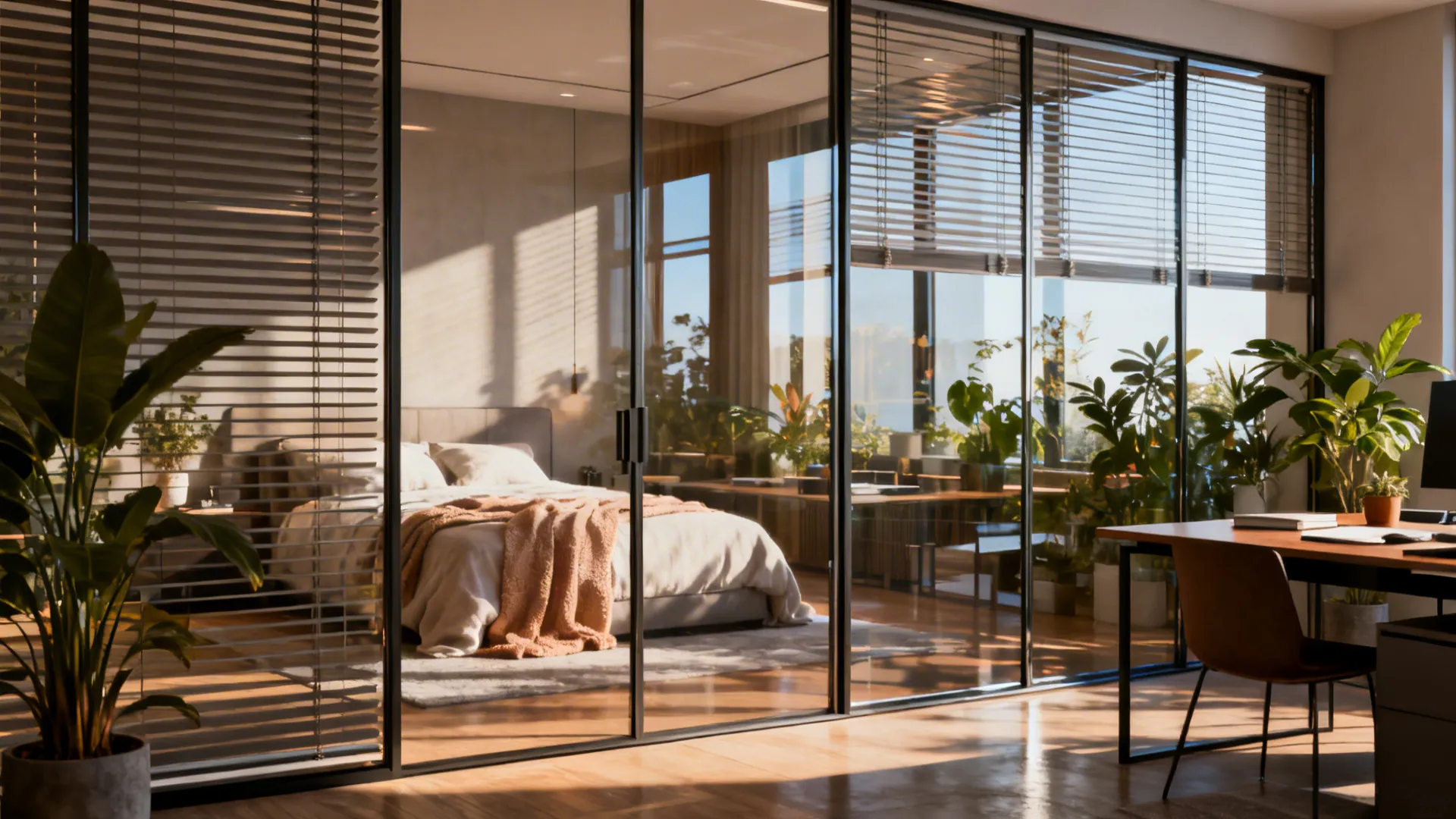Glazed partition with integrated blinds dividing a bedroom while preserving natural light.