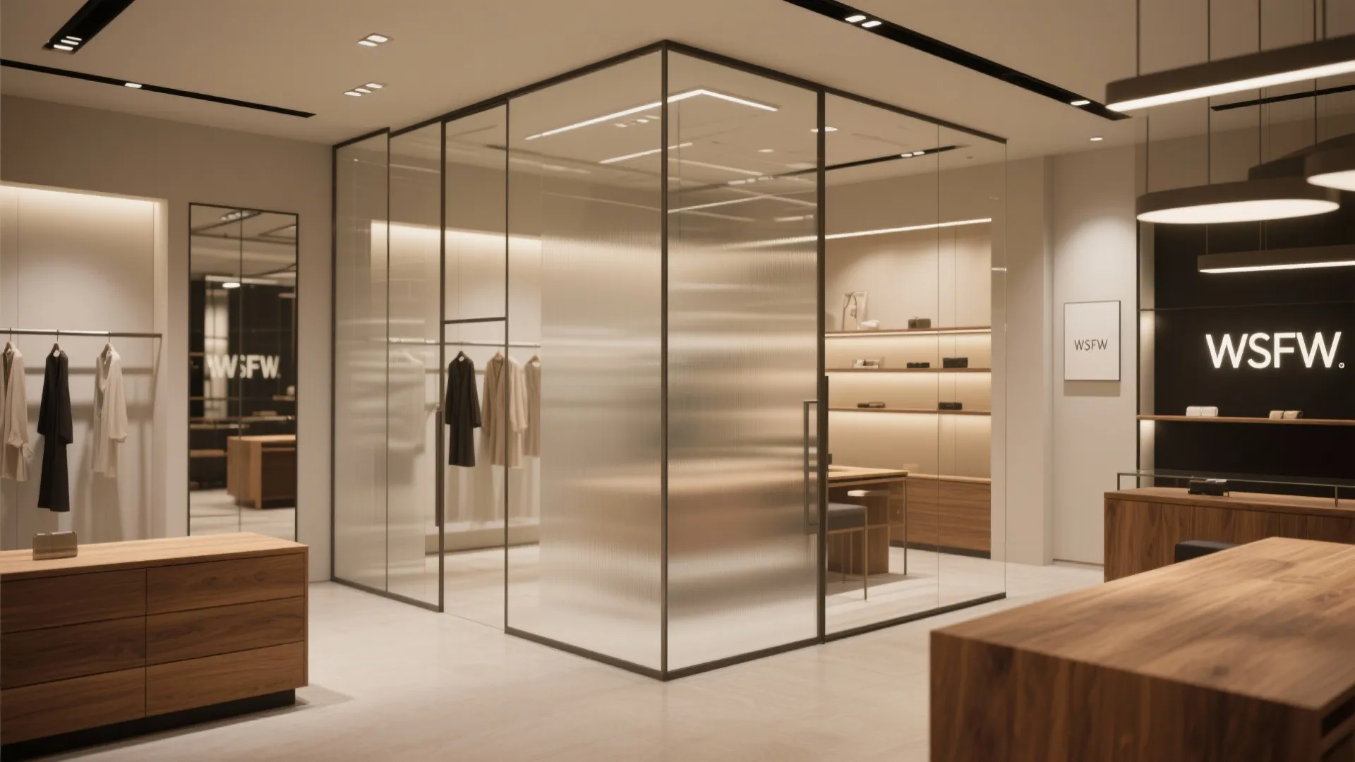 Modern clothing store interior with glass room divider wooden cabinets and bright warm ceiling lights