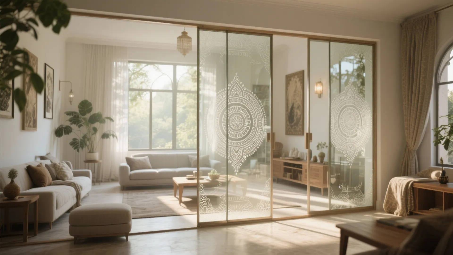 Modern living room with glass sliding doors showing white patterns plus sofa wooden table windows