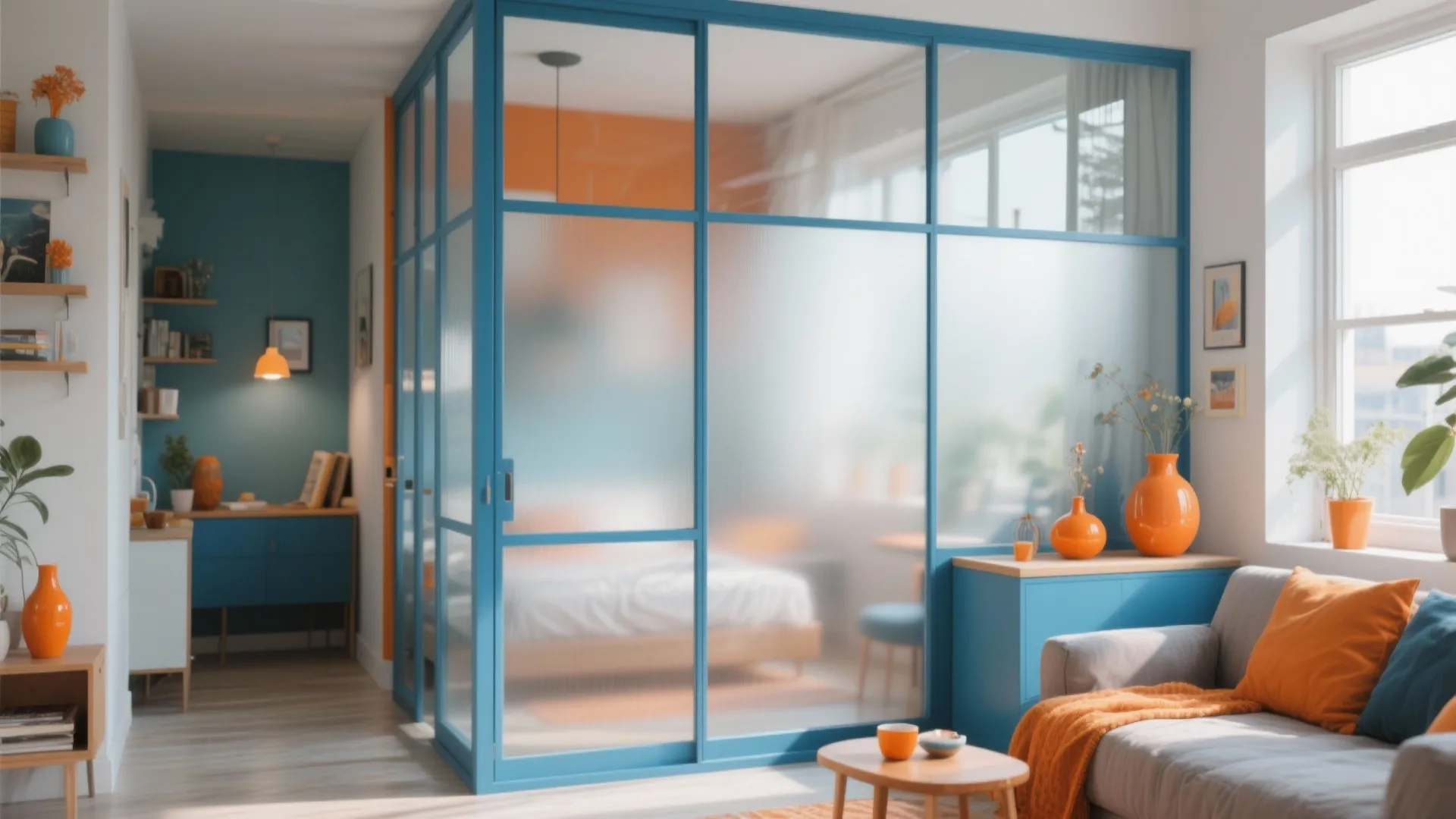 Blue glass wall separating a bedroom from a living area with orange vases and sofa