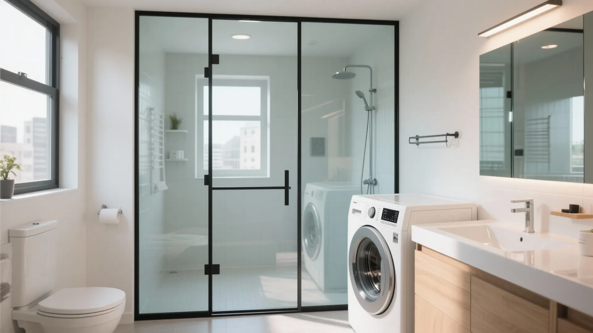 Modern white bathroom featuring glass shower screen washing machine toilet sink and wood cabinet furniture