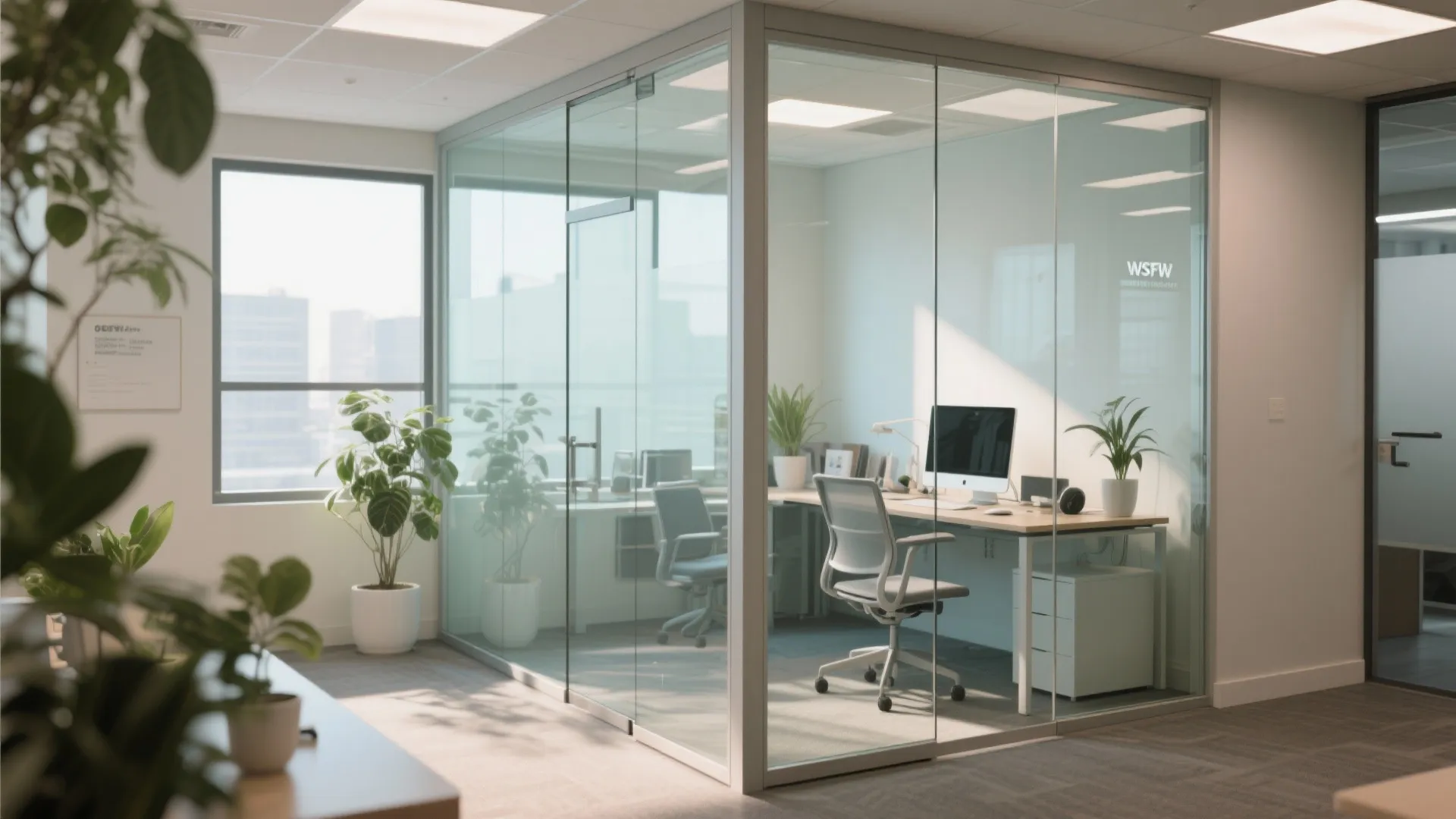 Modern glass wall office room with wooden desk white chair green plants and large window