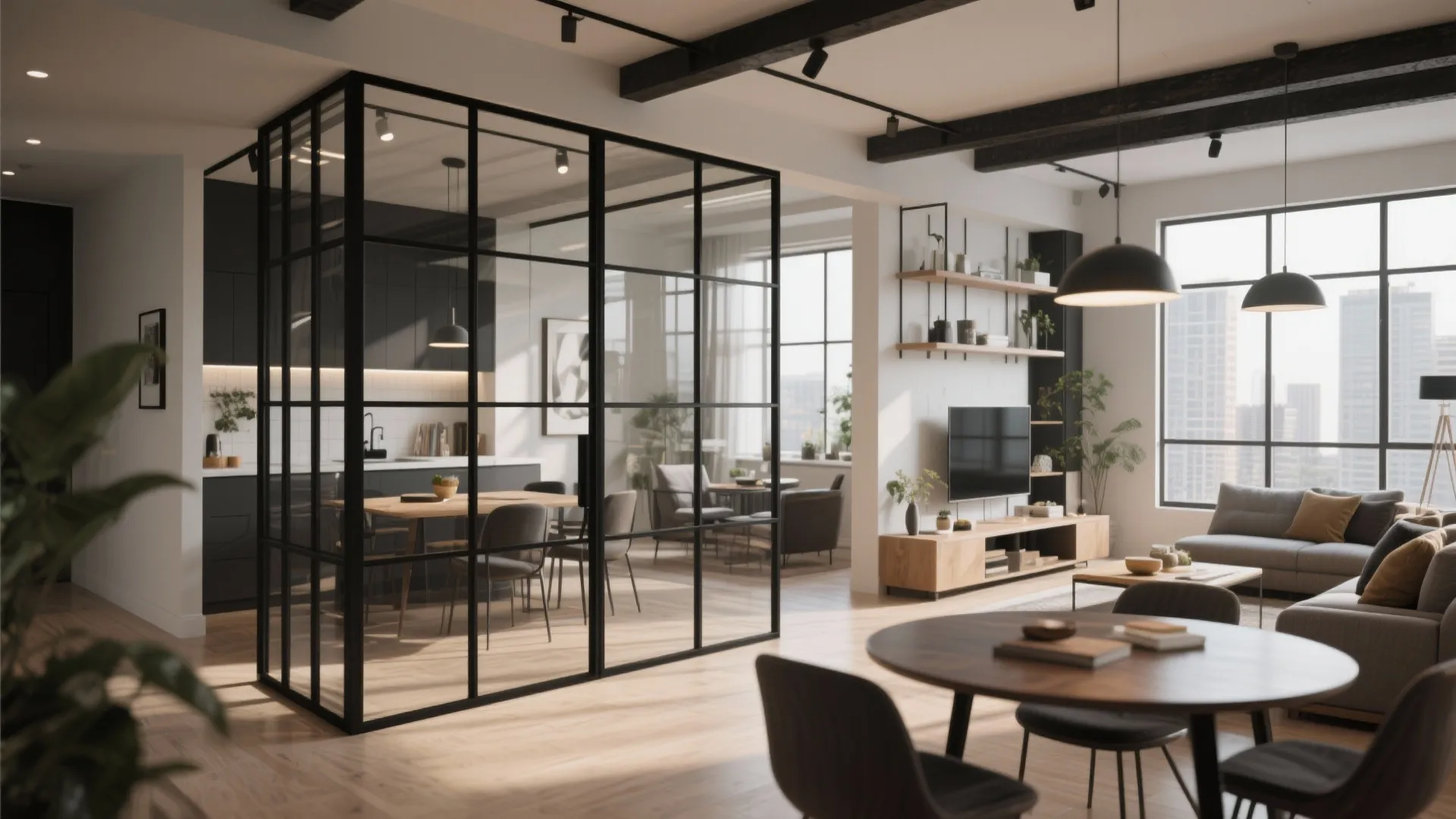 Open plan room layout with black metal glass wall separating the kitchen and living area