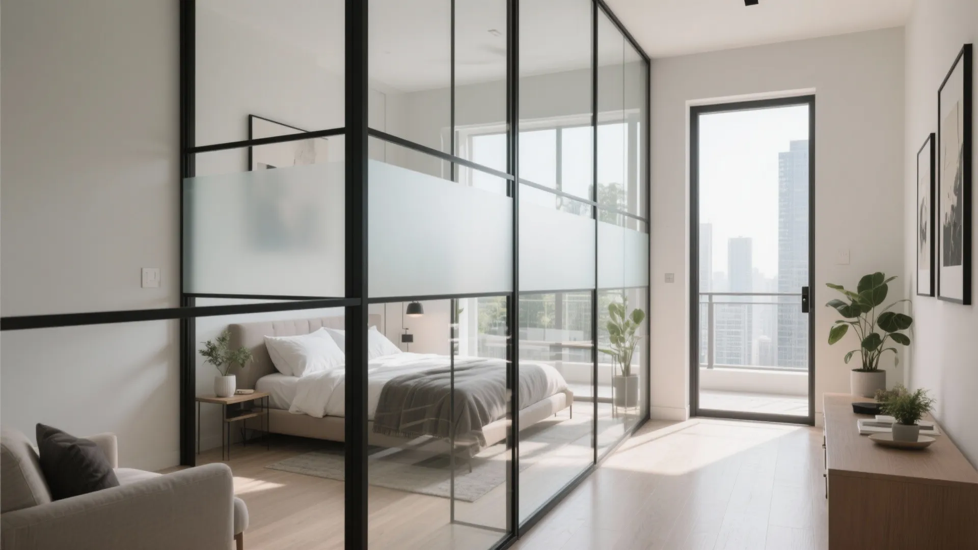 Modern bedroom with glass wall partition black metal frame white bed sheets and natural light