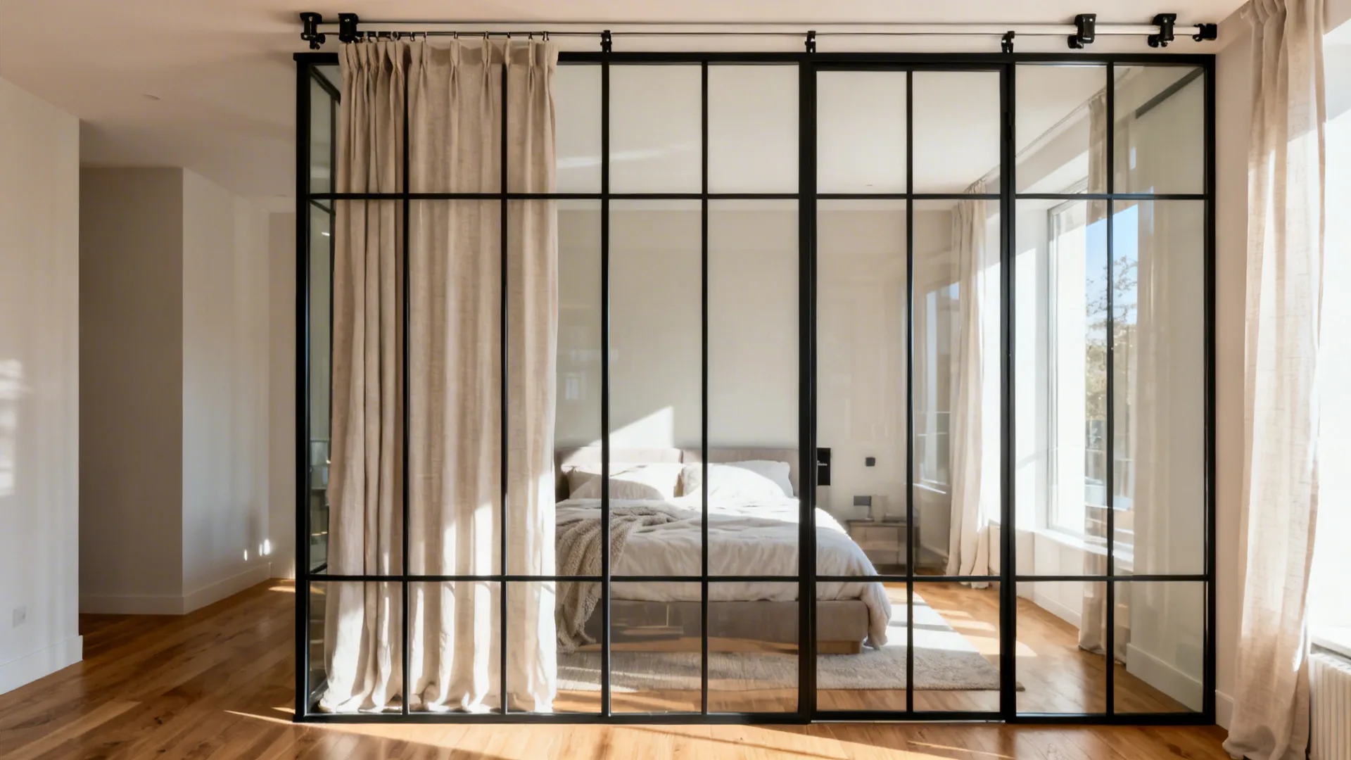 Steel-framed glass partition with linen curtains creates a bright sleeping nook in a studio apartment.